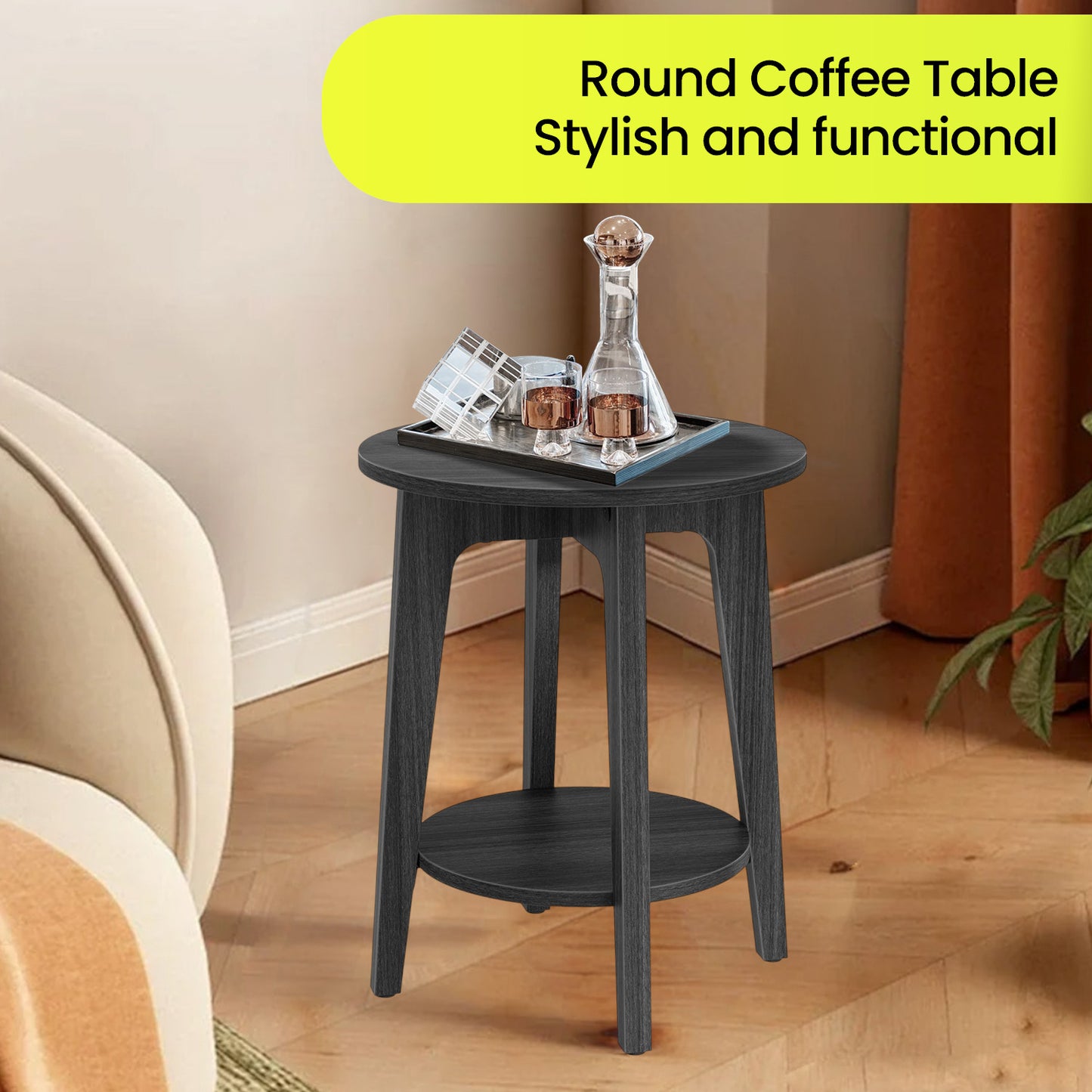 2-Tier Round Side Table with Tapered Legs, Compact Nightstand for Living Room or Bedroom, Freestanding Small Space End Table, Charcoal Gray
