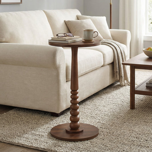 Round Side Table for Small Spaces, Solid Wood Leg Mid-Century Modern End Table for Living Room and Bedroom, Chestnut Walnut