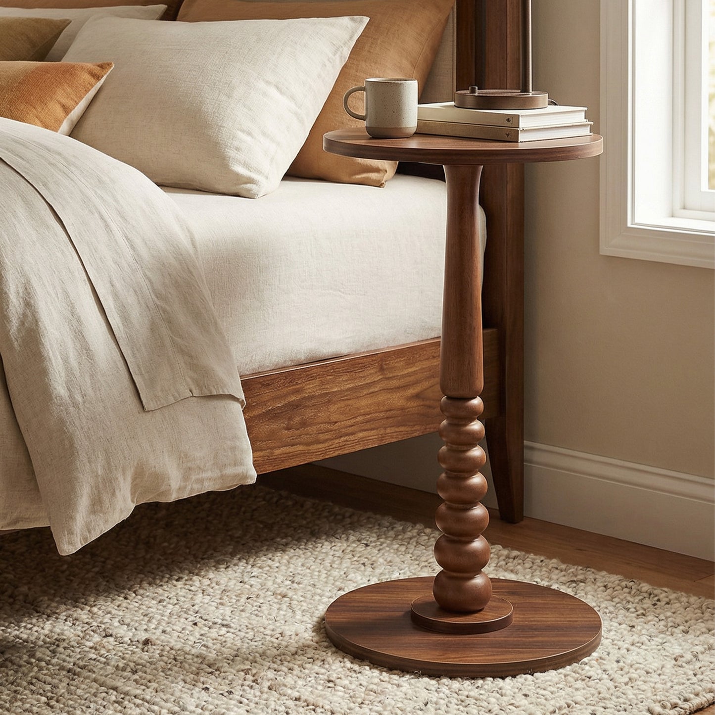 Round Side Table for Small Spaces, Solid Wood Leg Mid-Century Modern End Table for Living Room and Bedroom, Chestnut Walnut