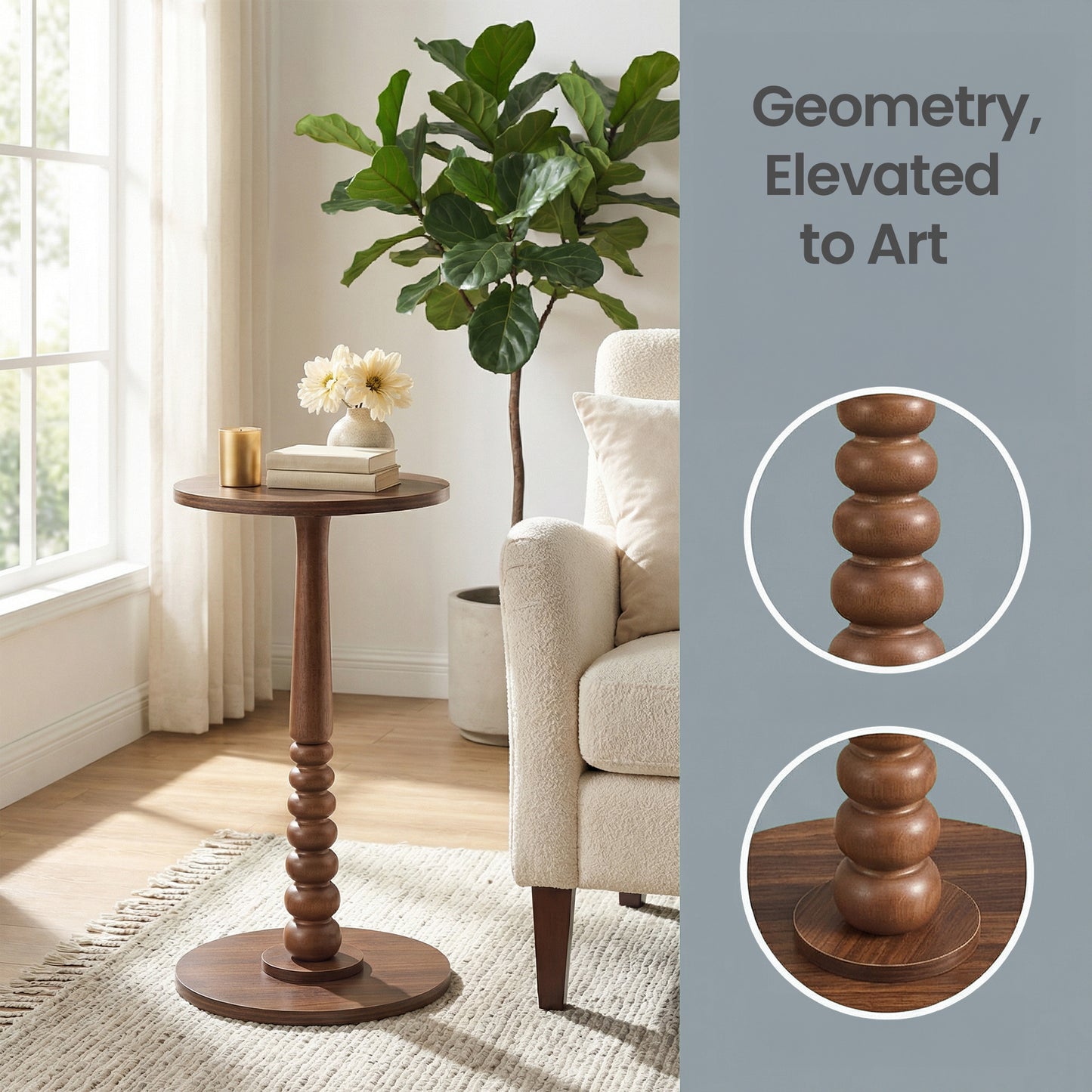 Round Side Table for Small Spaces, Solid Wood Leg Mid-Century Modern End Table for Living Room and Bedroom, Chestnut Walnut