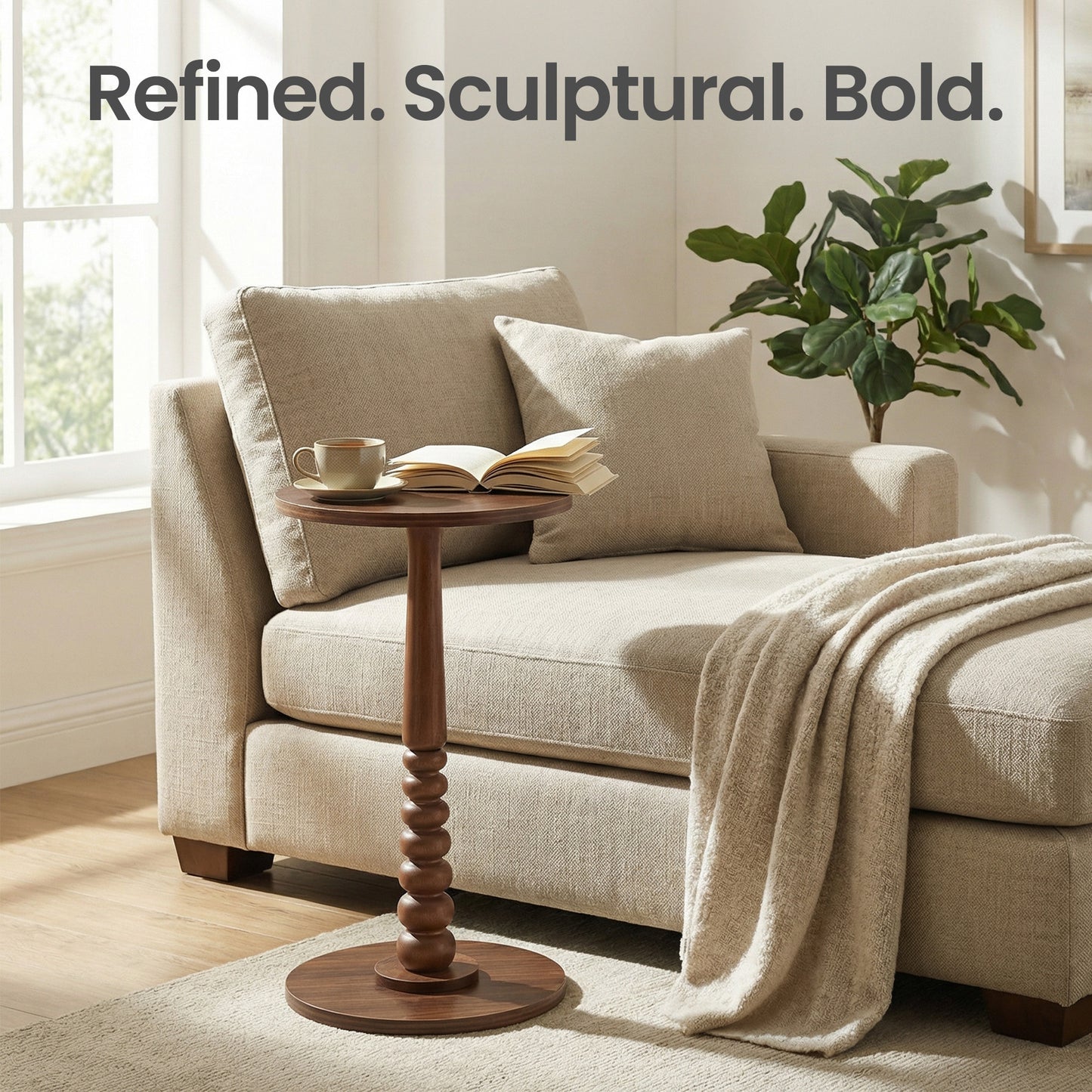 Round Side Table for Small Spaces, Solid Wood Leg Mid-Century Modern End Table for Living Room and Bedroom, Chestnut Walnut
