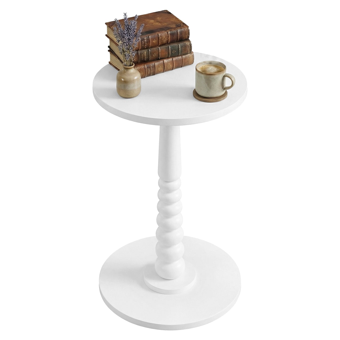 Round Side Table with Solid Wood Leg, Mid-Century Modern Accent Nightstand for Living Room, Bedroom, 11.8 x 21.7 Inches, Cloud White