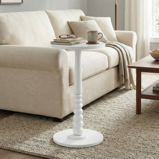 Round Side Table with Solid Wood Leg, Mid-Century Modern Accent Nightstand for Living Room, Bedroom, 11.8 x 21.7 Inches, Cloud White