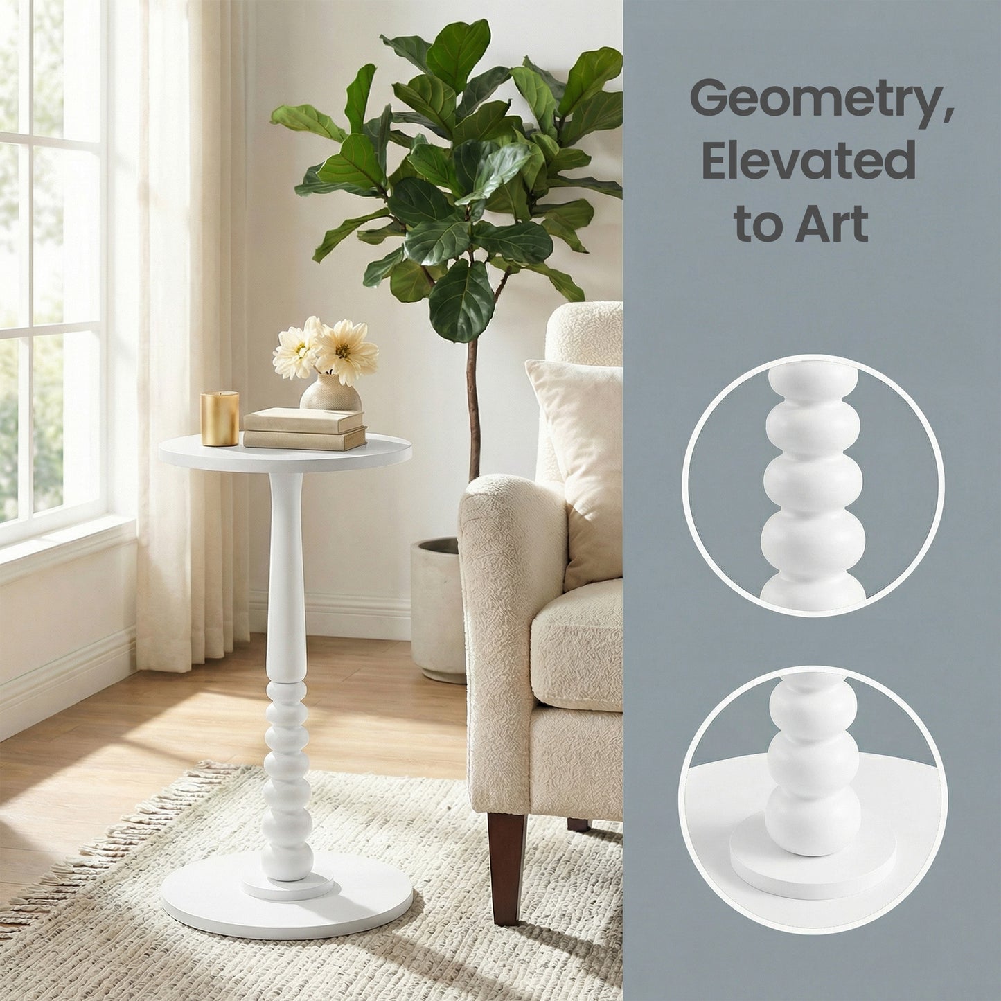 Round Side Table with Solid Wood Leg, Mid-Century Modern Accent Nightstand for Living Room, Bedroom, 11.8 x 21.7 Inches, Cloud White