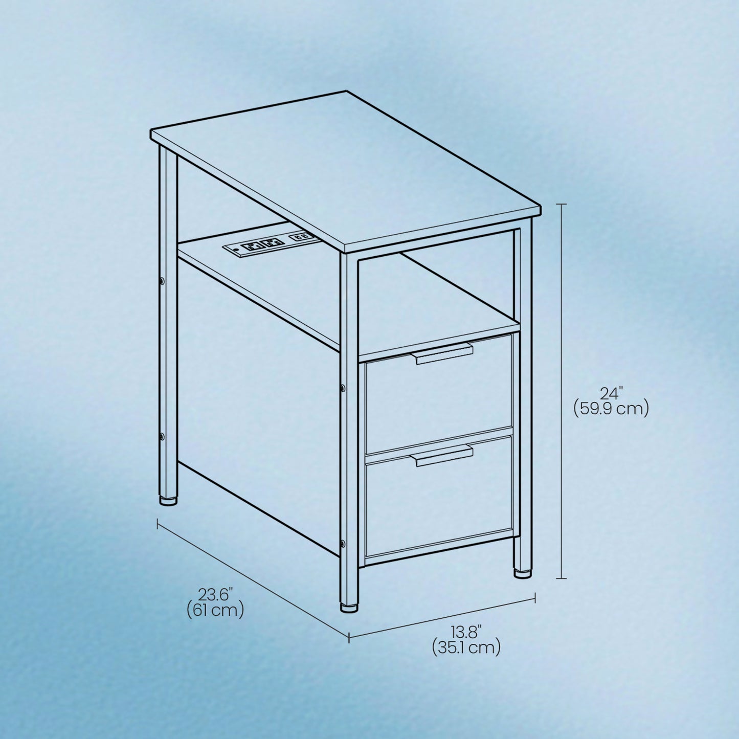 Narrow Charging Side Table - Slim End Table with 2 Drawers & Power Strip, Space-Saving Nightstand, Greige and Black