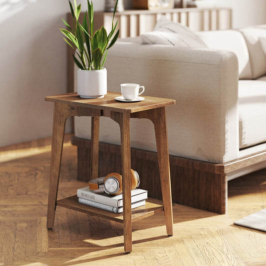 Side Table, 2-Tier Small Rectangular End Table with Lower Shelf & Tapered Legs, Mid-Century Modern Nightstand for Living Room Bedroom, Honey Brown