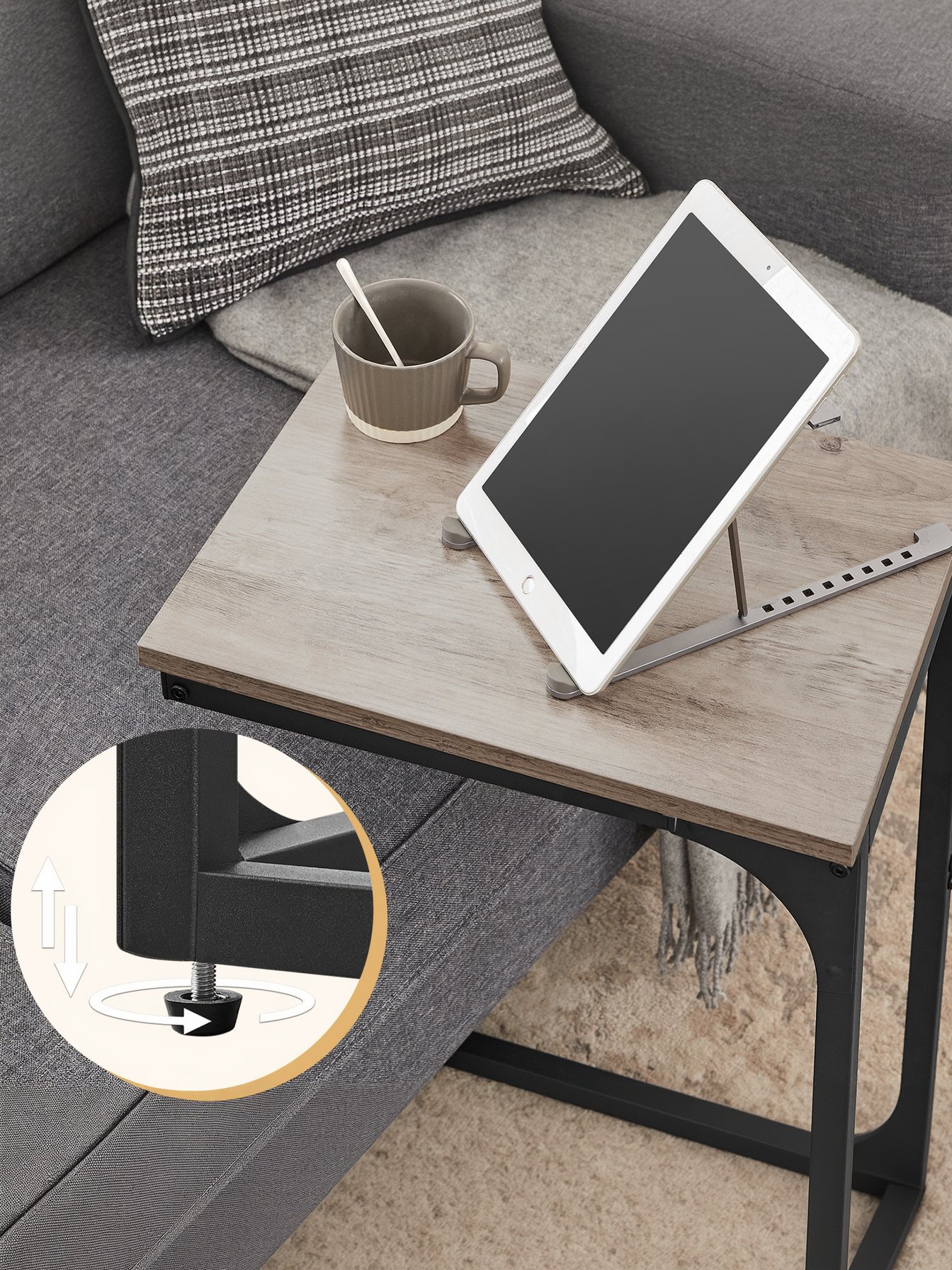 C-Shaped End Table for Sofa and Bed, Small Side Table with Metal Frame for Living Room and Bedroom, Greige and Black