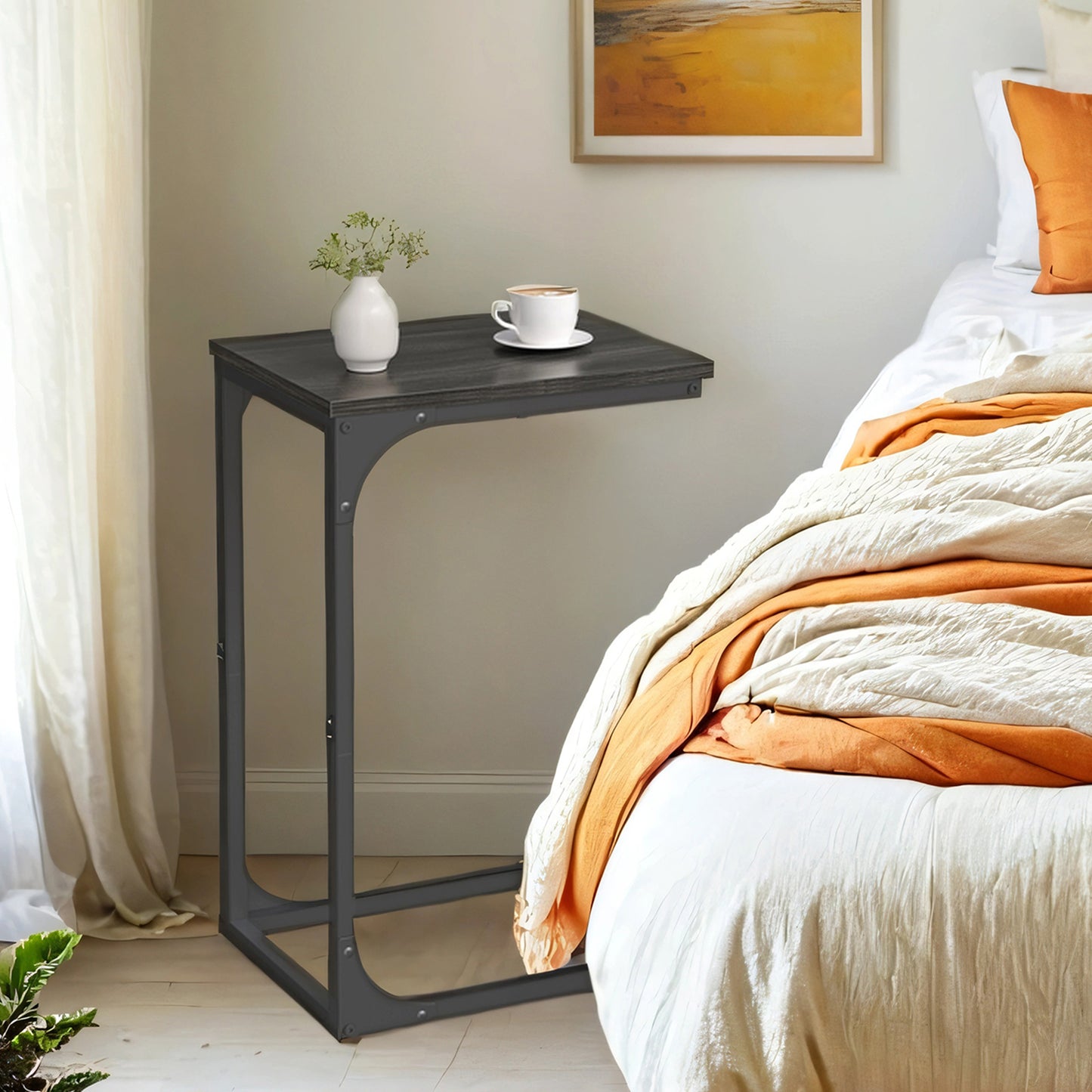 C-Shaped End Table, Slim Sofa Side Table with Steel Frame, Small Space Laptop & Snack Stand for Living Room or Bedroom, Ebonized Oak and Black