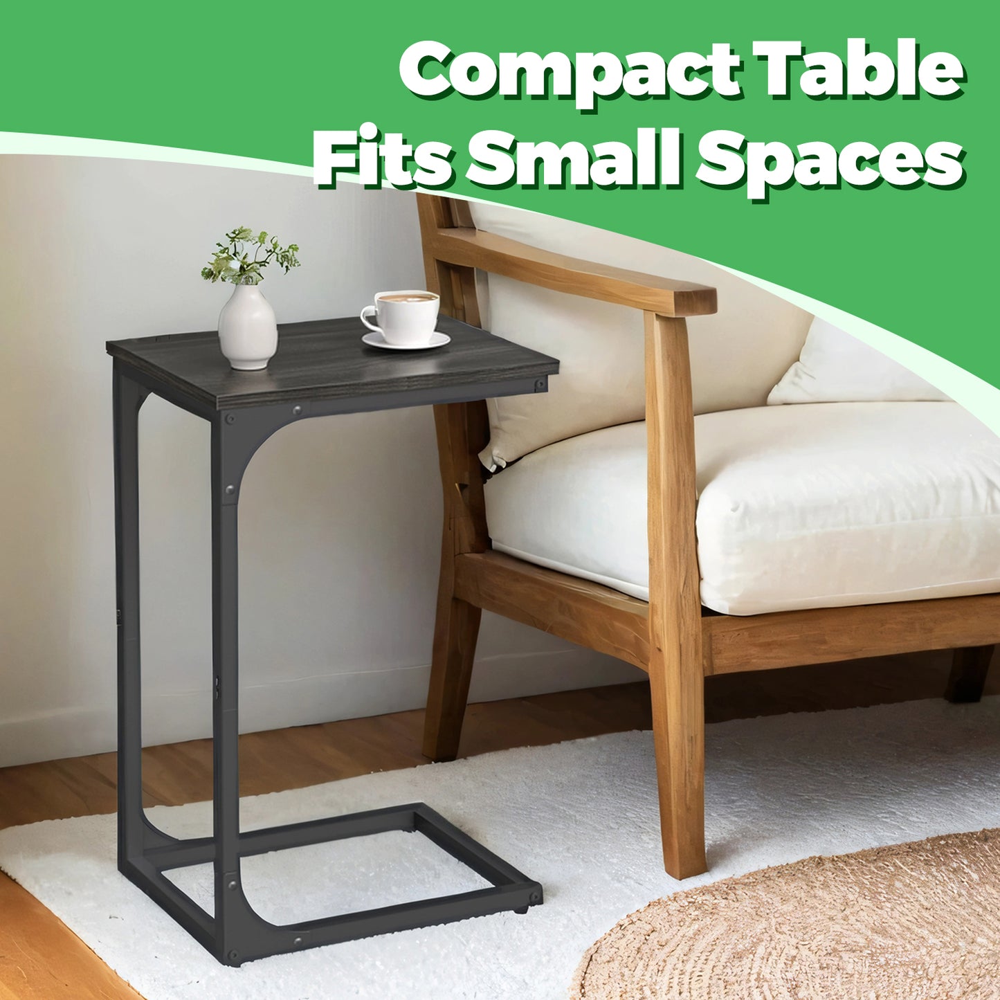 C-Shaped End Table, Slim Sofa Side Table with Steel Frame, Small Space Laptop & Snack Stand for Living Room or Bedroom, Ebonized Oak and Black