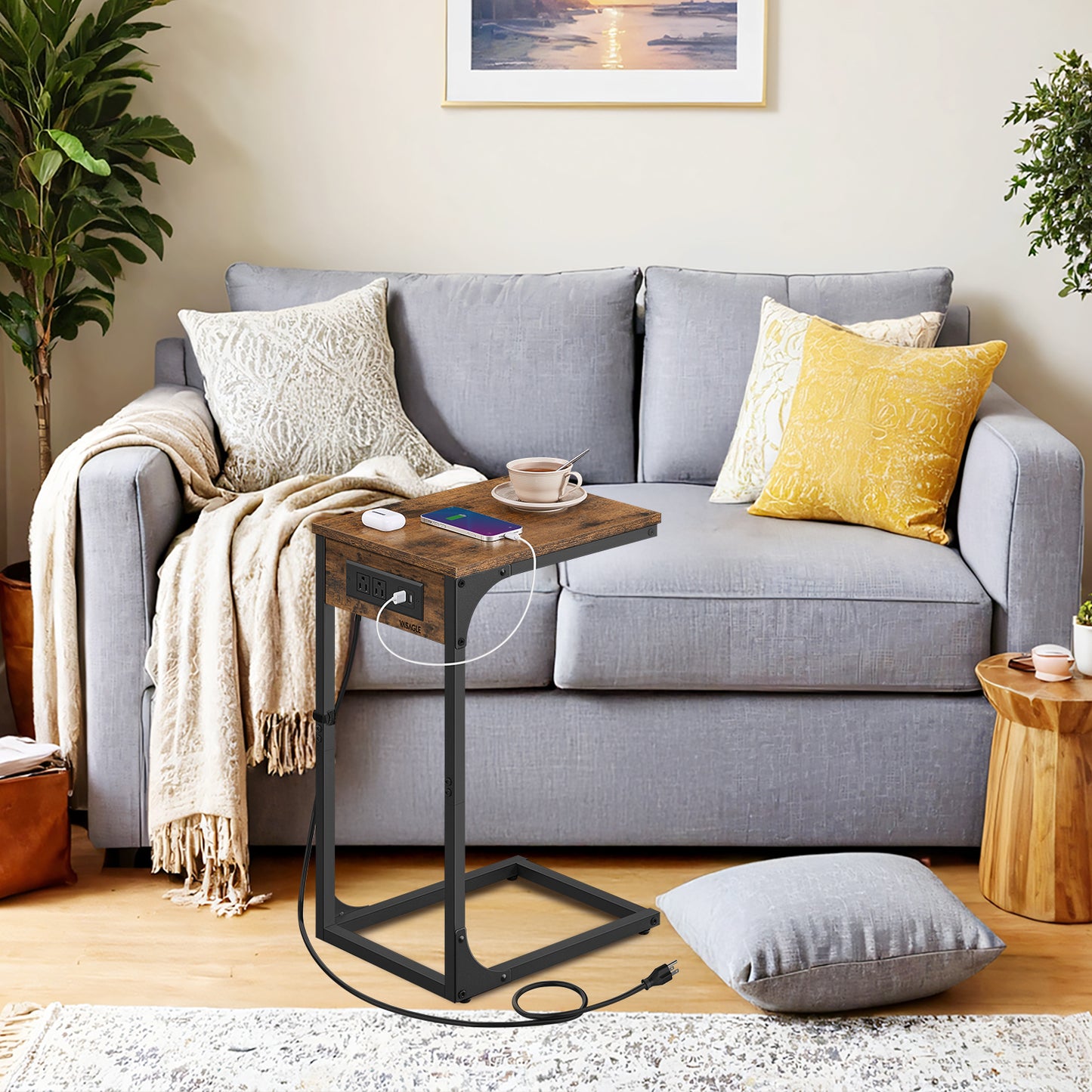 C-Shaped End Table with Built-in Charging Station, 2 USB Ports & 2 Outlets, Adjustable Feet for Sofa or Bed, Rustic Brown