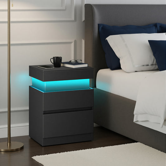 Nightstand with Power Outlets & LED Lights, Modern Bedside Table with 2 Drawers and Sliding Lid, Charging Station for Bedroom, Ink Black