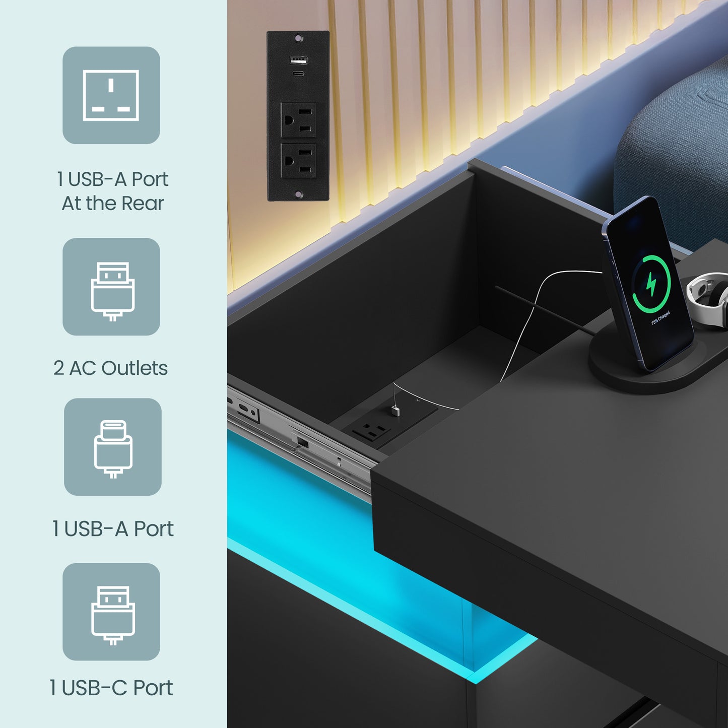 Nightstand with Power Outlets & LED Lights, Modern Bedside Table with 2 Drawers and Sliding Lid, Charging Station for Bedroom, Ink Black