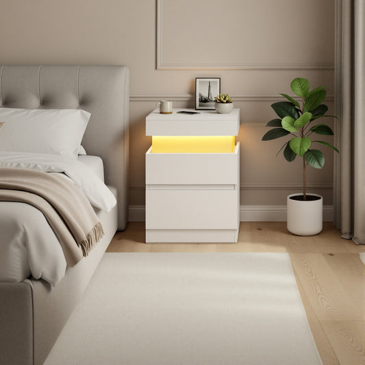 Nightstand with Power Outlets & LED Lights, Modern Bedside Table with 2 Drawers and Sliding Lid, Charging Station for Bedroom, Cloud White
