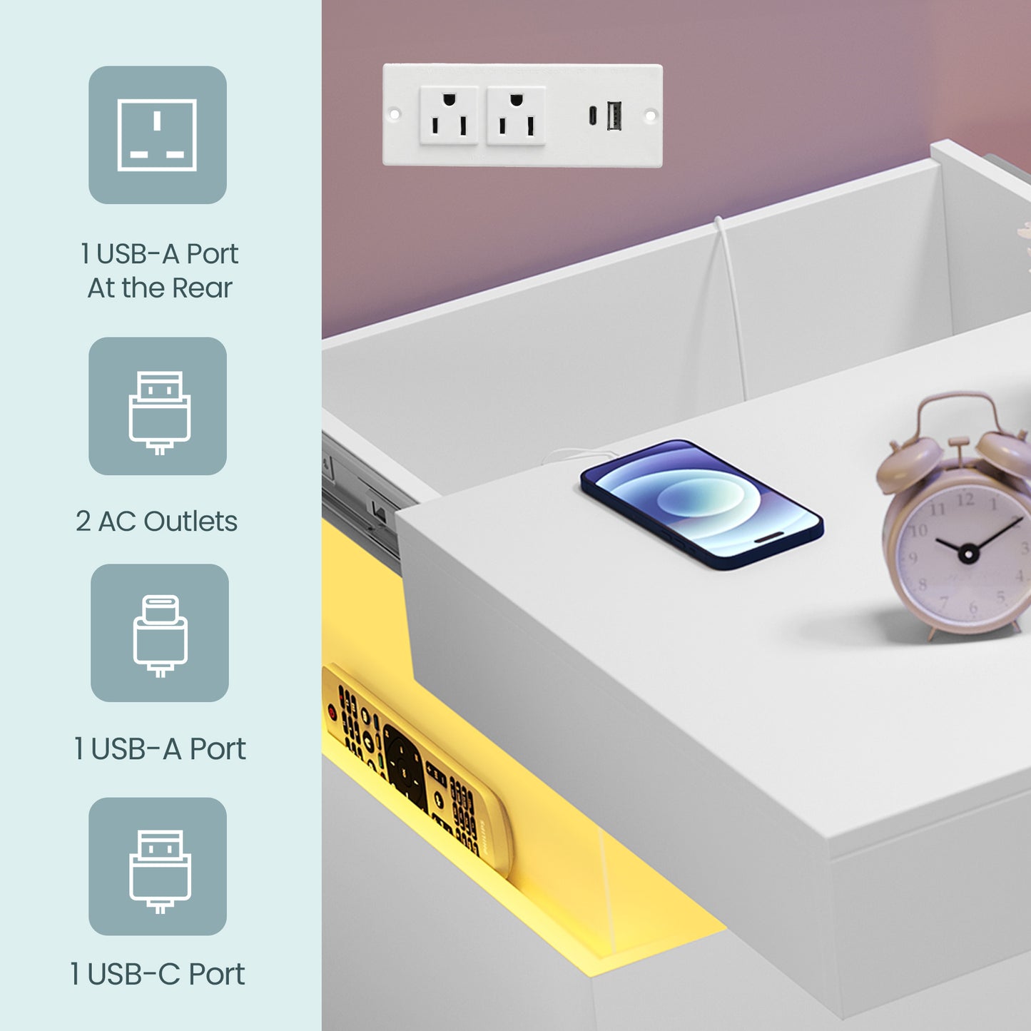 Nightstand with Power Outlets & LED Lights, Modern Bedside Table with 2 Drawers and Sliding Lid, Charging Station for Bedroom, Cloud White