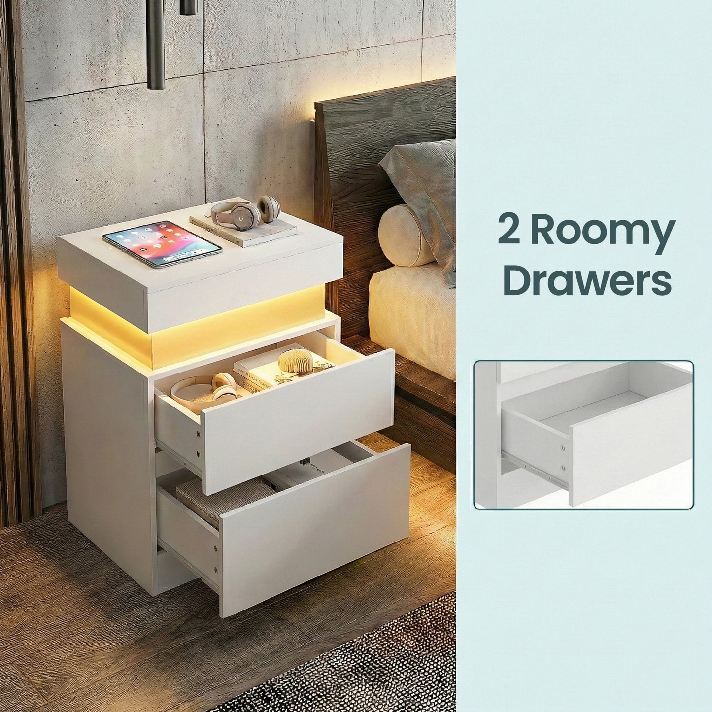 Nightstand with Power Outlets & LED Lights, Modern Bedside Table with 2 Drawers and Sliding Lid, Charging Station for Bedroom, Cloud White