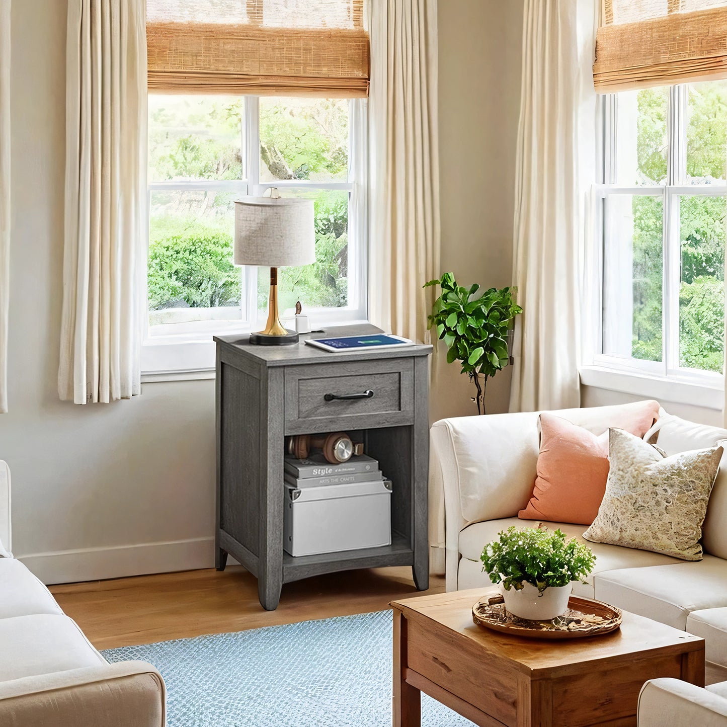 Farmhouse Nightstand with Charging Station, Bedside Table with Drawer and Open Shelf, Side Table for Bedroom or Living Room, Misty Gray