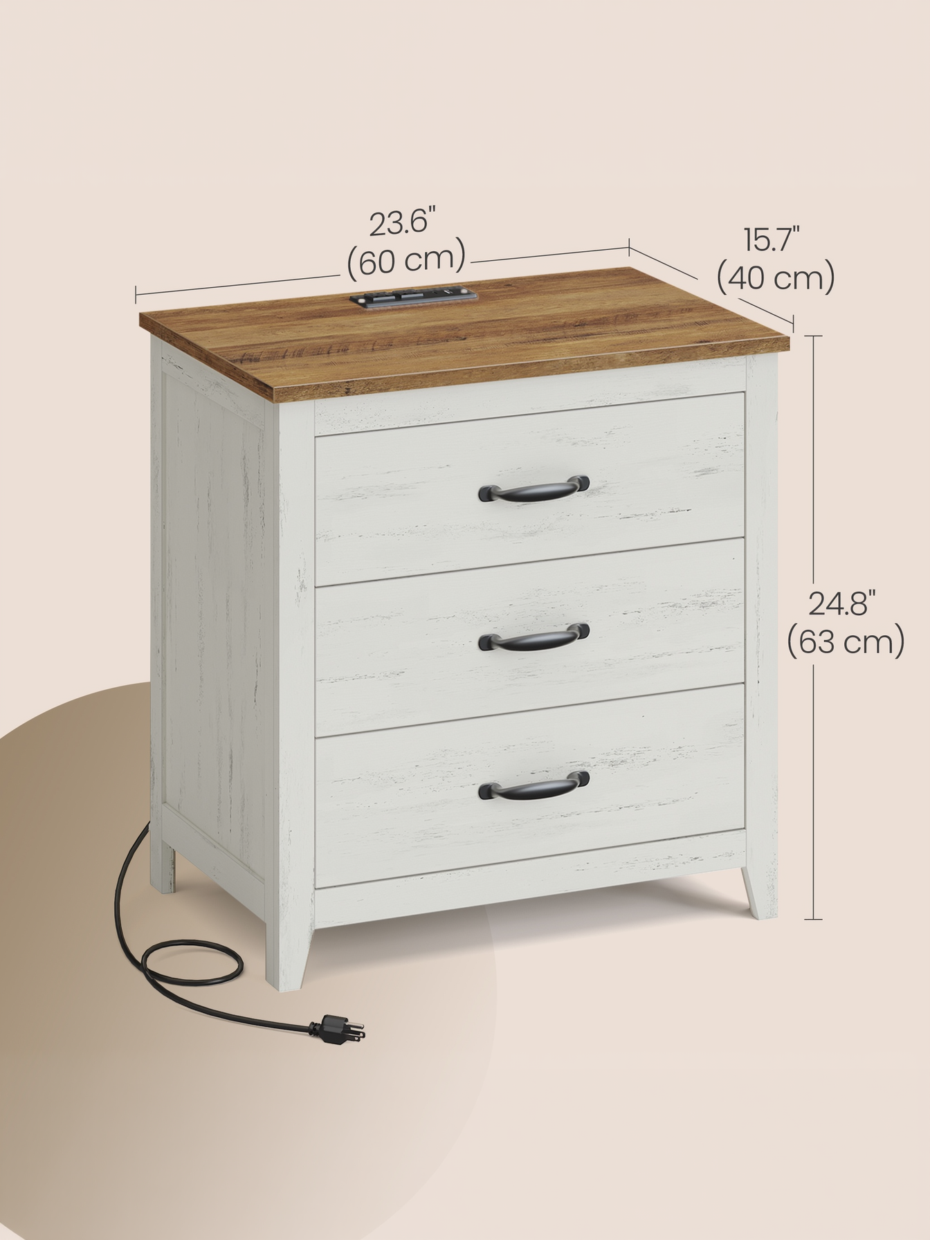 Farmhouse Nightstand with Charging Station, 3-Drawer Bedside Table with USB Ports for Bedroom, Rustic White and Honey Brown