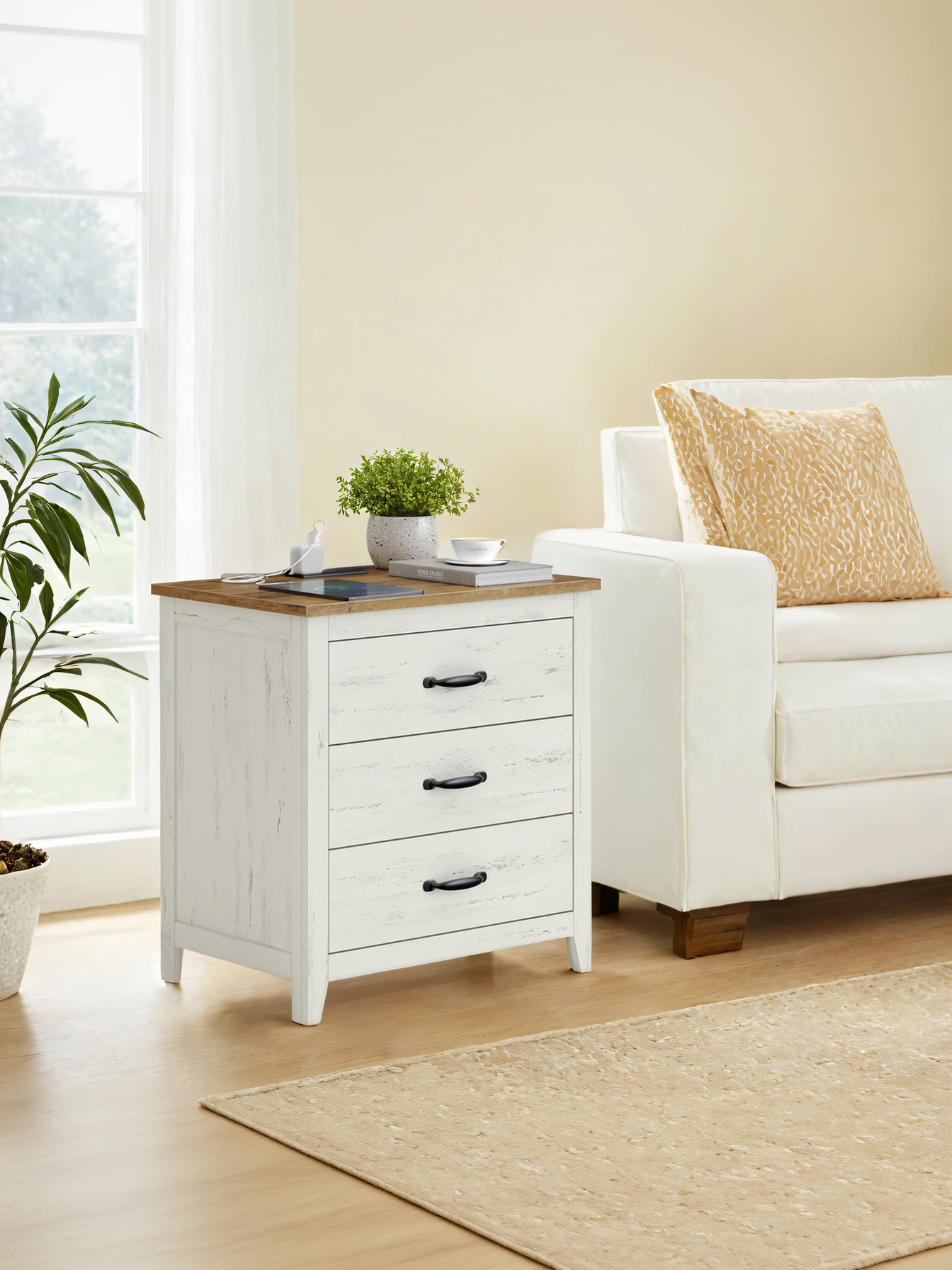 Farmhouse Nightstand with Charging Station, 3-Drawer Bedside Table with USB Ports for Bedroom, Rustic White and Honey Brown