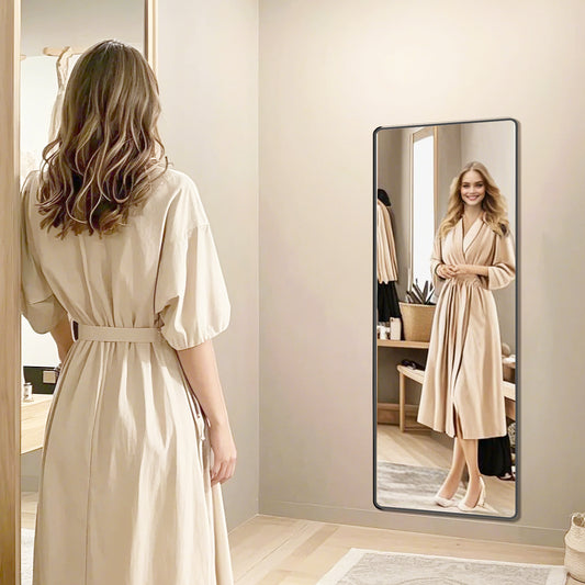 63x20 Inch Full Length Mirror, Aluminum Alloy Floor Mirror with Stand, Tempered Glass Freestanding/Wall Mounted, Ink Black