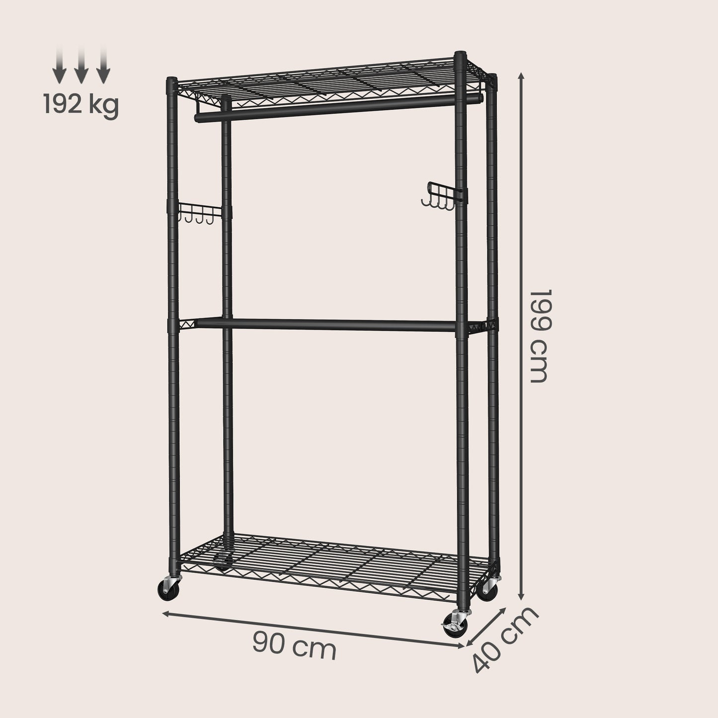 Heavy-Duty Rolling Clothes Rack, Portable Garment Rack on Wheels with Adjustable Mesh Shelves & Hanging Rails, Tool-Free Assembly, Ink Black