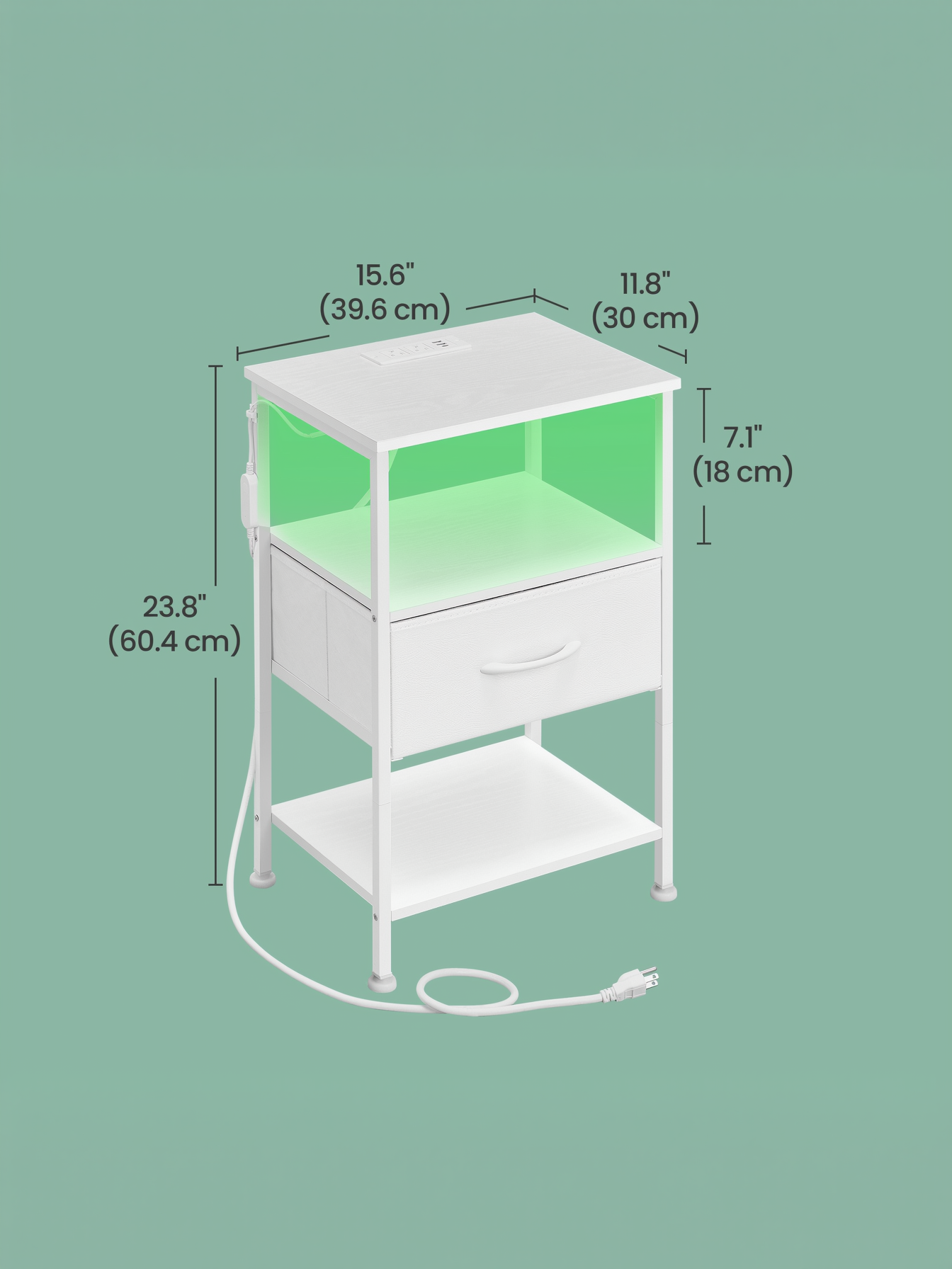Nightstand with Charging Station & App-Controlled LED Lights, Bed Side Table with 1 Drawer and 2 Open Shelves, Cloud White and Snow White