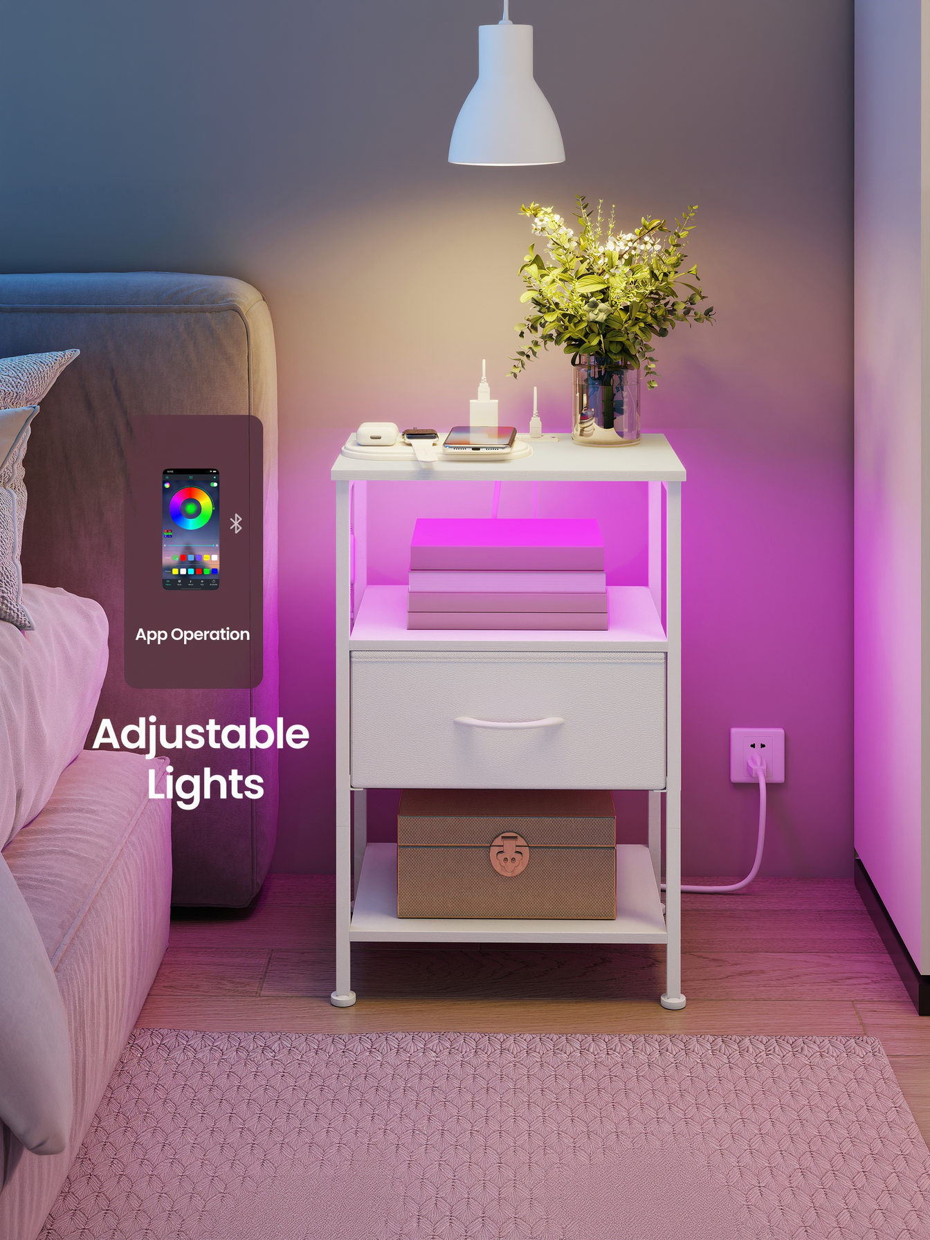 Nightstand with Charging Station & App-Controlled LED Lights, Bed Side Table with 1 Drawer and 2 Open Shelves, Cloud White and Snow White