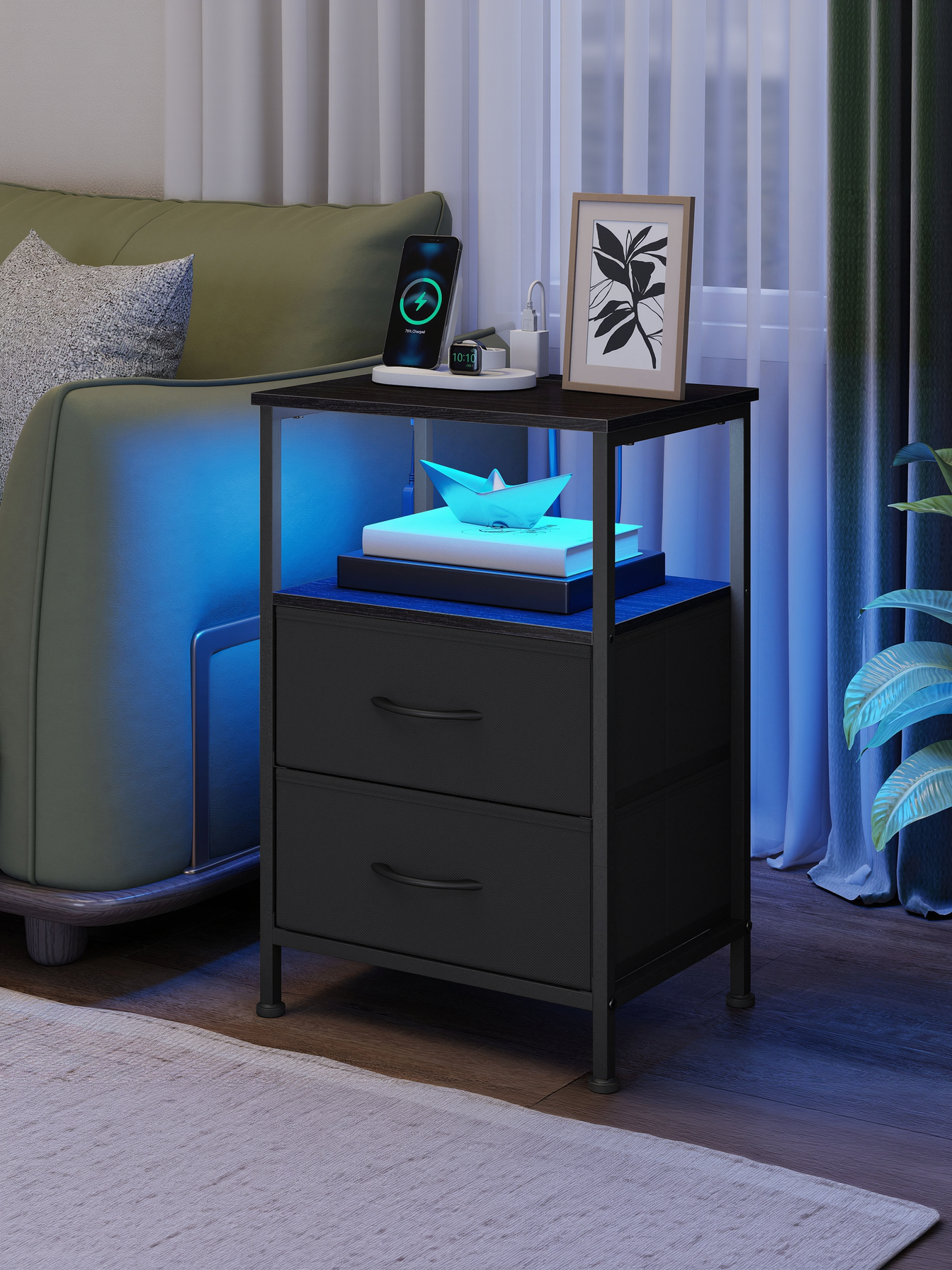 Nightstand with Charging Station & App-Controlled LED Lights, Bed Side Table with 2 Drawers and 1 Open Shelf, Ink Black and Ebony Black