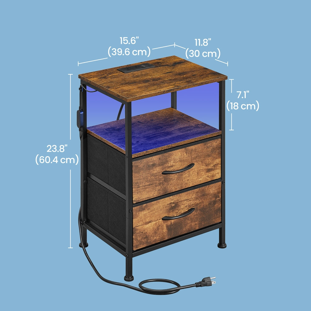 Nightstand with Charging Station & App-Controlled LED Lights, Bed Side Table with 2 Drawers and 1 Open Shelf, Rustic Brown and Ink Black