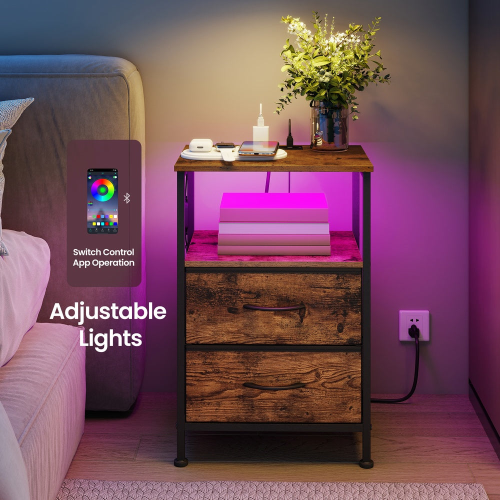 Nightstand with Charging Station & App-Controlled LED Lights, Bed Side Table with 2 Drawers and 1 Open Shelf, Rustic Brown and Ink Black