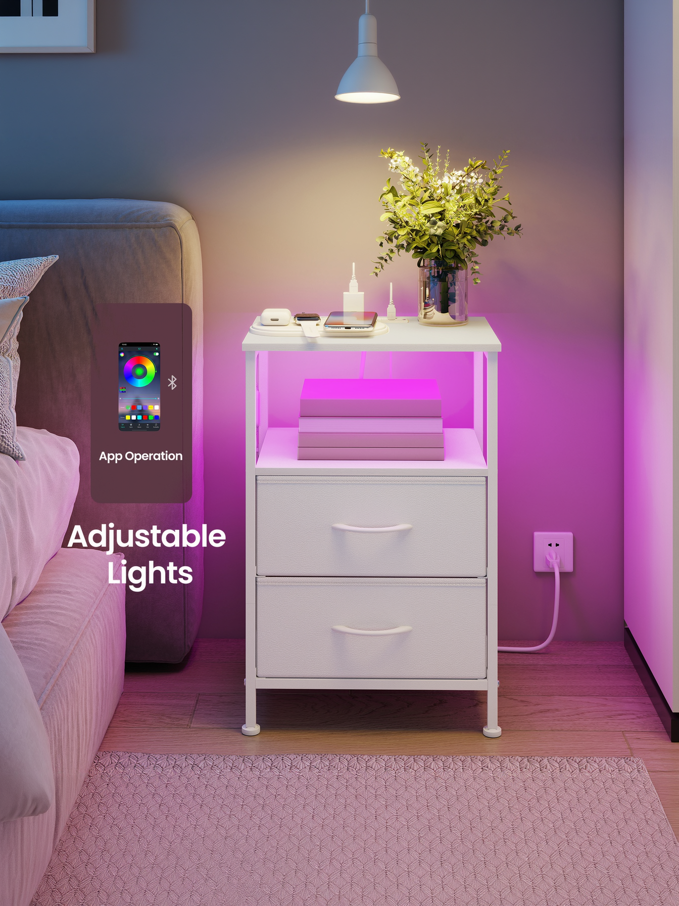 Nightstand with Charging Station & App-Controlled LED Lights, Bed Side Table with 2 Drawers and 1 Open Shelf, Cloud White and Snow White