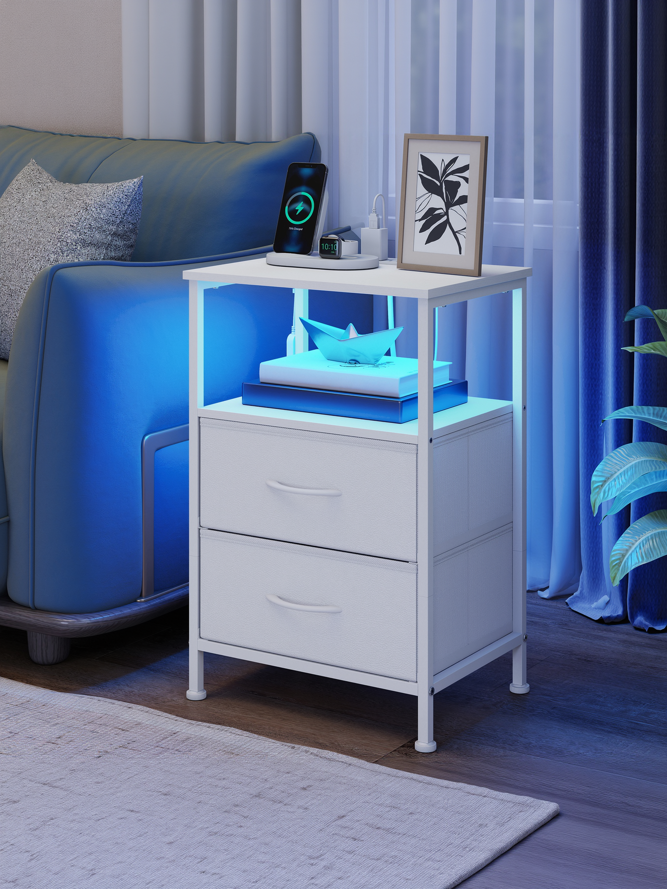 Nightstand with Charging Station & App-Controlled LED Lights, Bed Side Table with 2 Drawers and 1 Open Shelf, Cloud White and Snow White