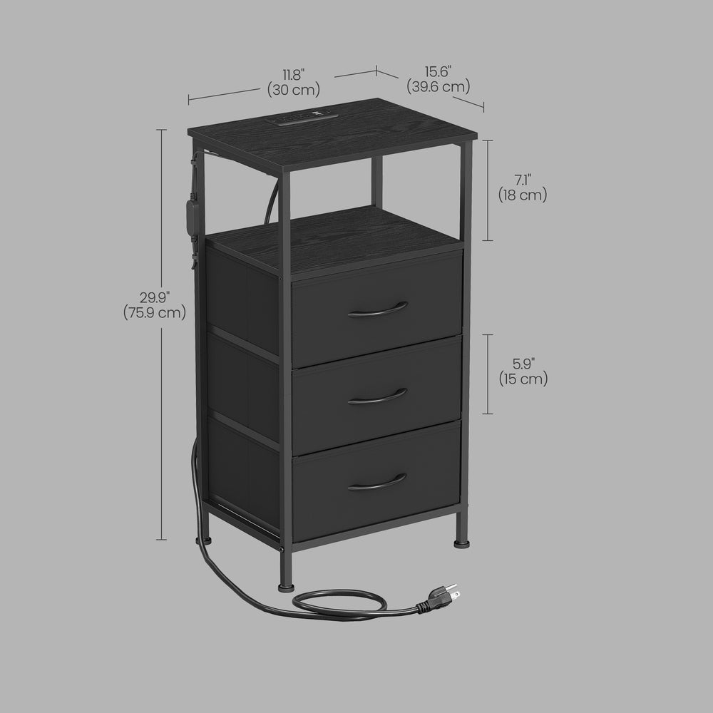 Nightstand with Charging Station & App-Controlled LED Lights, Bed Side Table with 3 Drawers and 1 Open Shelf, Ink Black and Ebony Black