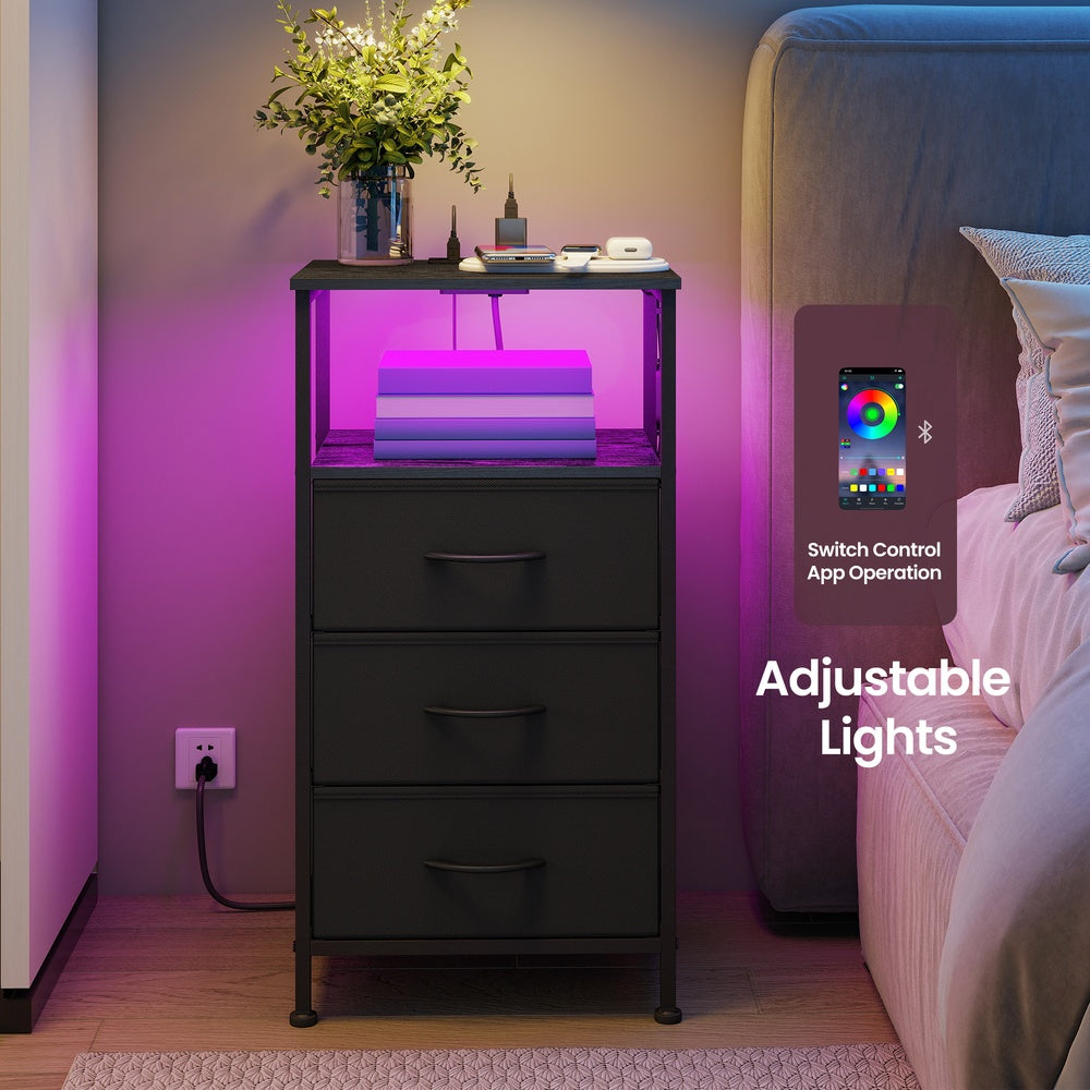 Nightstand with Charging Station & App-Controlled LED Lights, Bed Side Table with 3 Drawers and 1 Open Shelf, Ink Black and Ebony Black