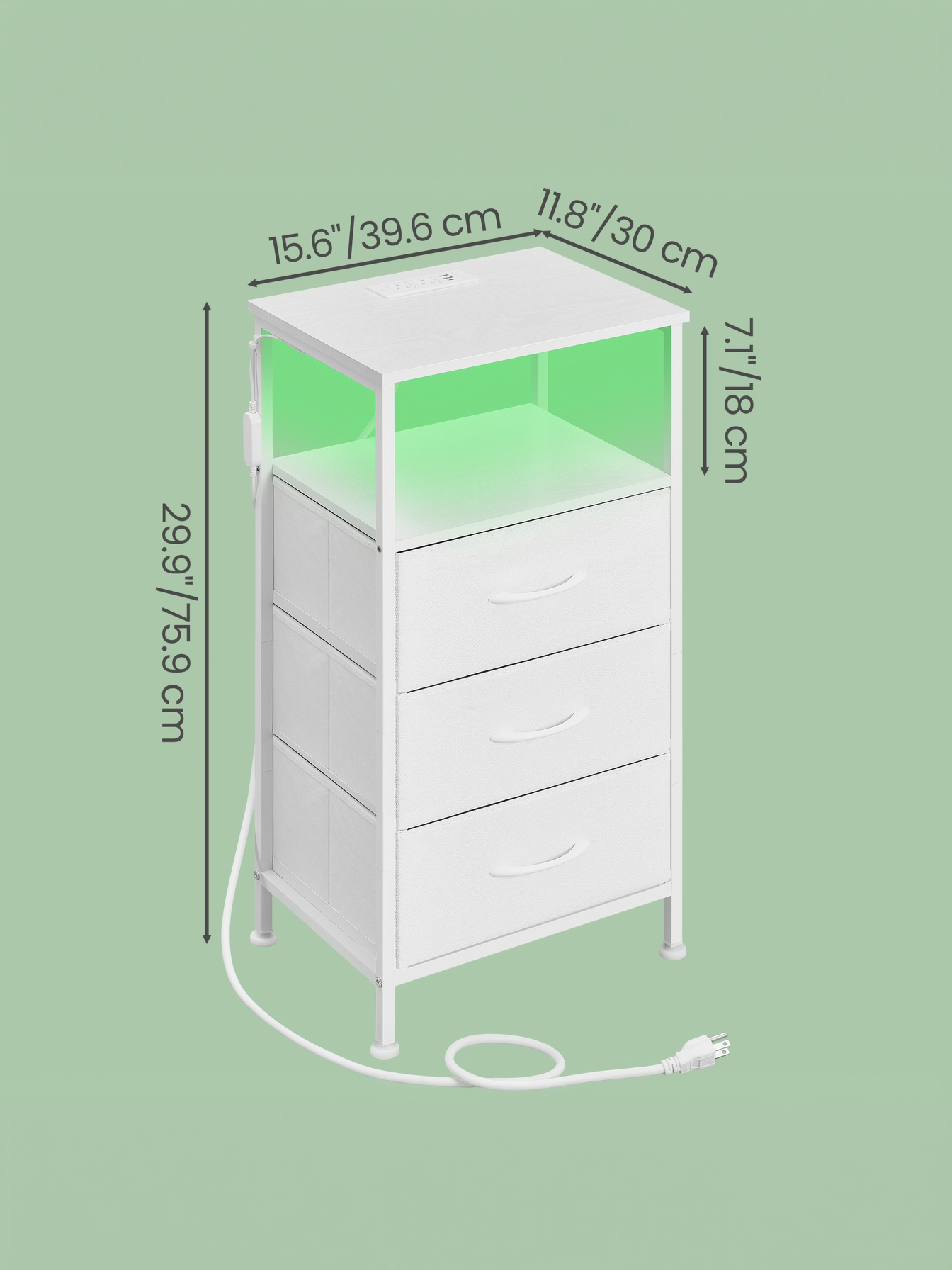 Nightstand with Charging Station & App-Controlled LED Lights, Bed Side Table with 3 Drawers and 1 Open Shelf, Cloud White and Snow White