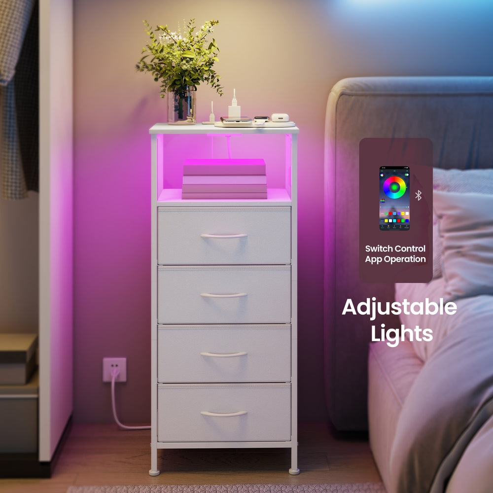 Nightstand with Charging Station & App-Controlled LED Lights, Bed Side Table with 4 Drawers and 1 Open Shelf, Cloud White and Snow White