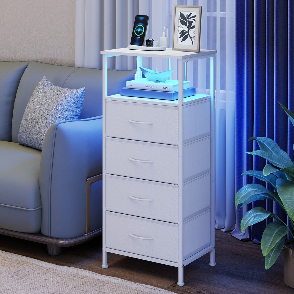 Nightstand with Charging Station & App-Controlled LED Lights, Bed Side Table with 4 Drawers and 1 Open Shelf, Cloud White and Snow White