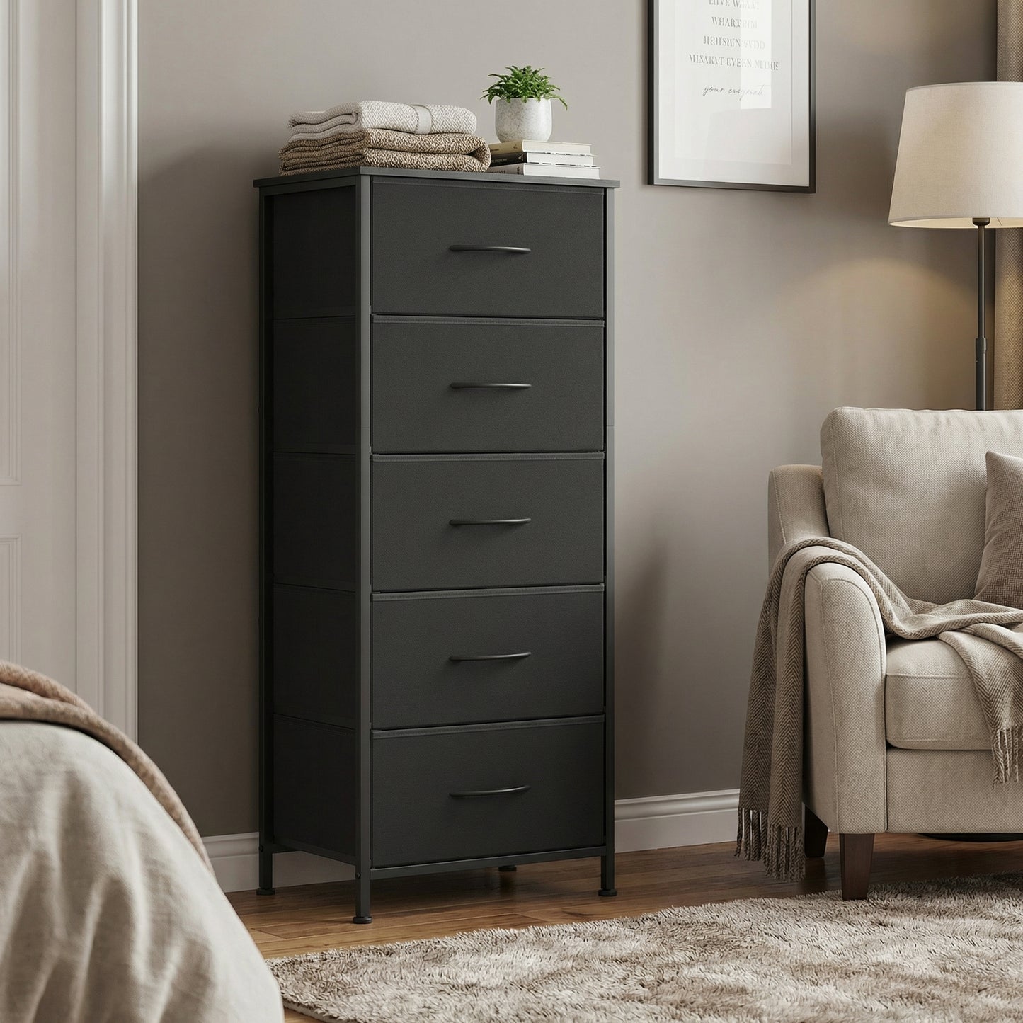 5-Drawer Fabric Dresser with Steel Frame, 66lb Top Load Storage Organizer for Bedroom Closet, Black