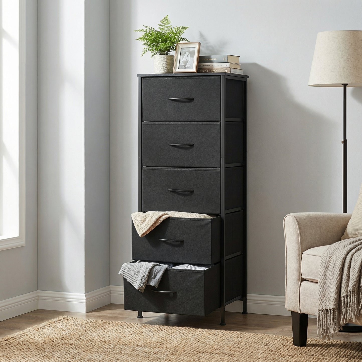 5-Drawer Fabric Dresser with Steel Frame, 66lb Top Load Storage Organizer for Bedroom Closet, Black