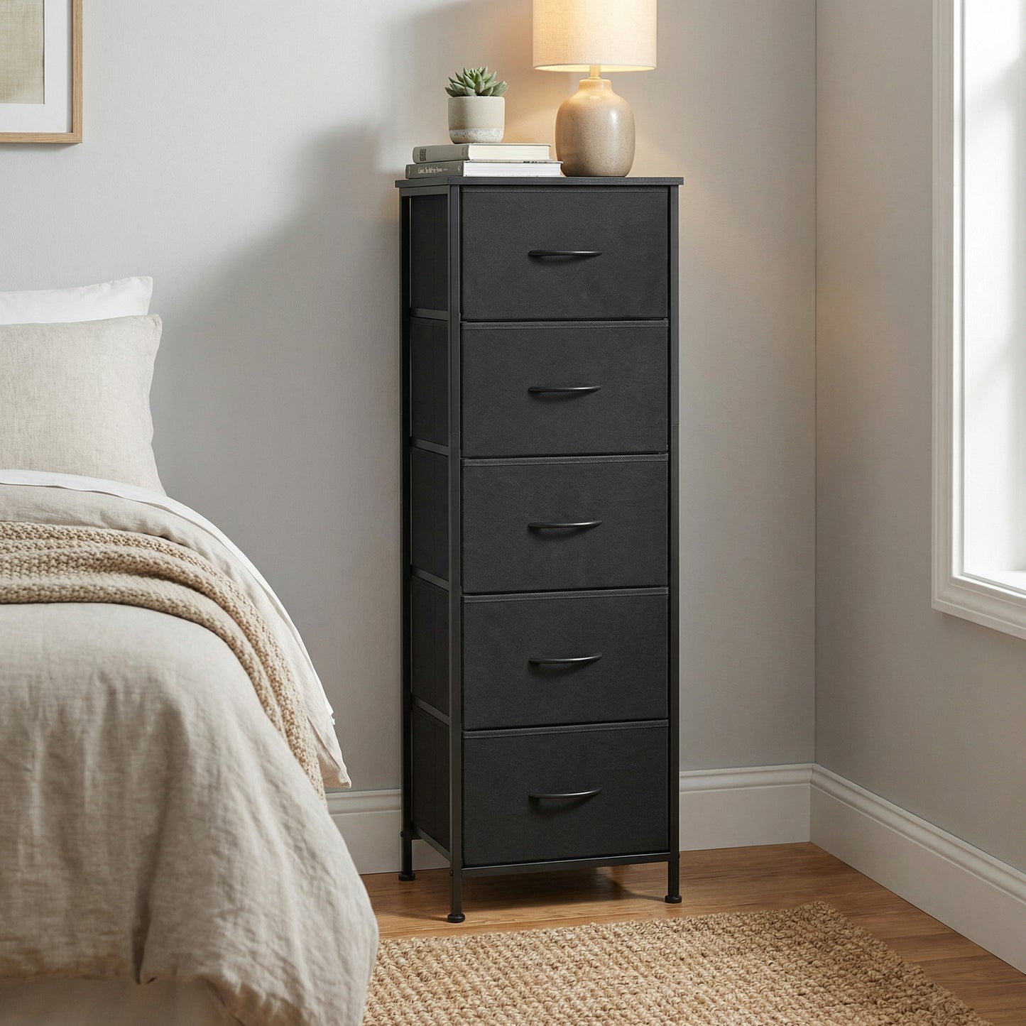 5-Drawer Fabric Dresser with Steel Frame, 66lb Top Load Storage Organizer for Bedroom Closet, Black