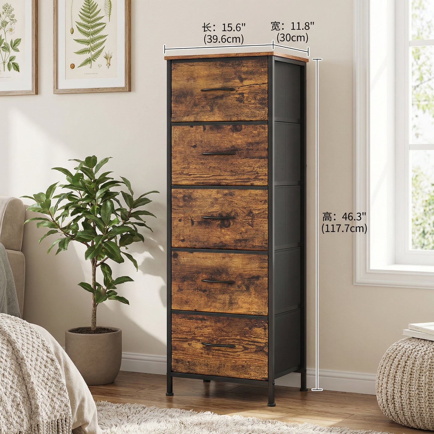 5-Drawer Fabric Dresser with Steel Frame, 66 lb Top Load Storage Organizer for Bedroom Closet, Rustic Brown and Black