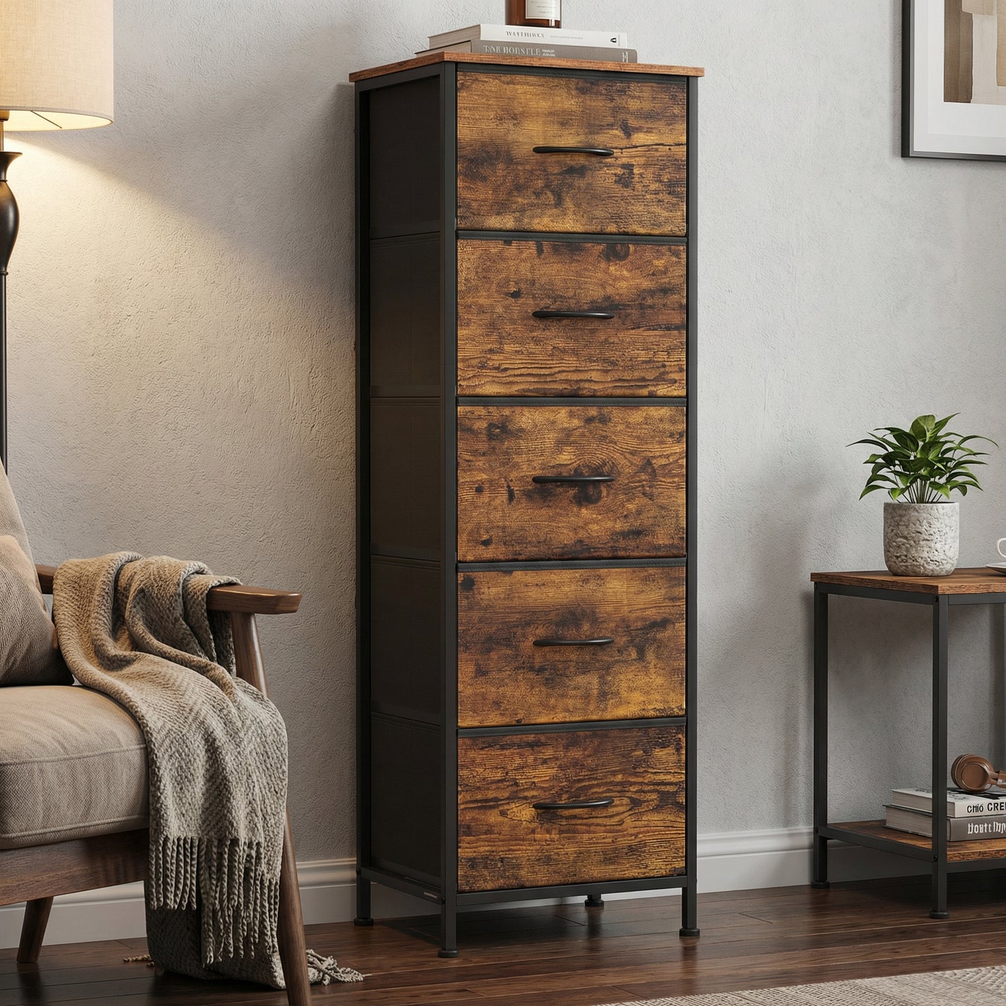 5-Drawer Fabric Dresser with Steel Frame, 66 lb Top Load Storage Organizer for Bedroom Closet, Rustic Brown and Black