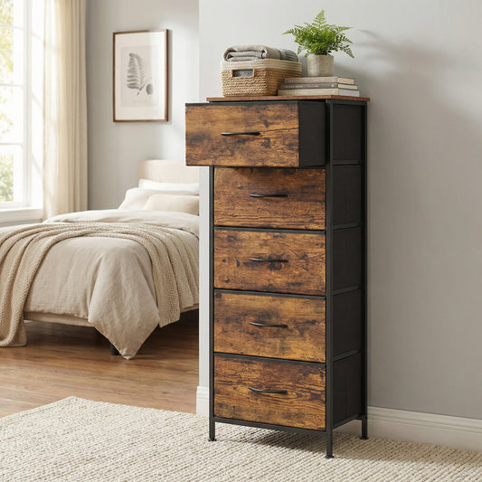 5-Drawer Fabric Dresser with Steel Frame, 66 lb Top Load Storage Organizer for Bedroom Closet, Rustic Brown and Black