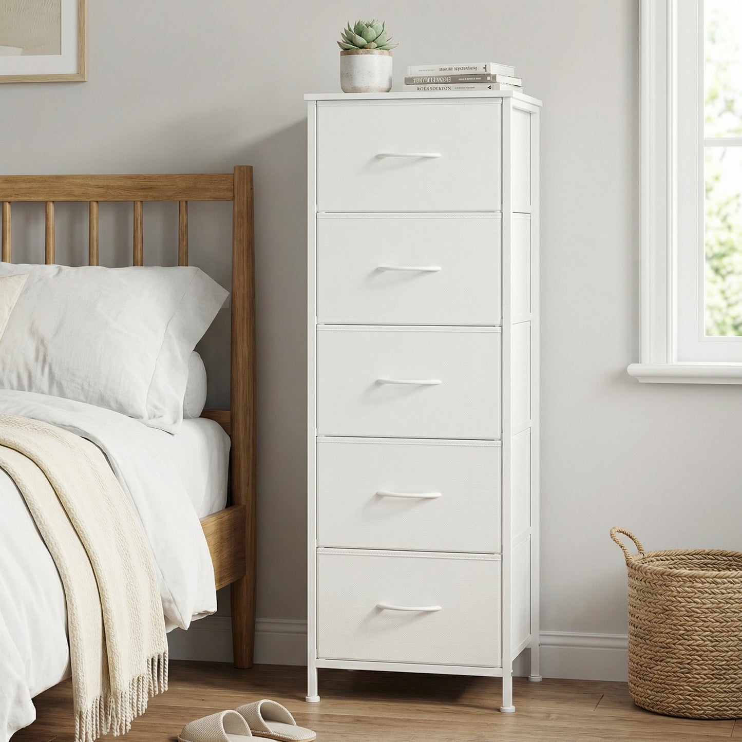 5-Drawer Fabric Dresser with Steel Frame, 66 lb Top Load Storage Organizer for Bedroom Closet, Cloud White