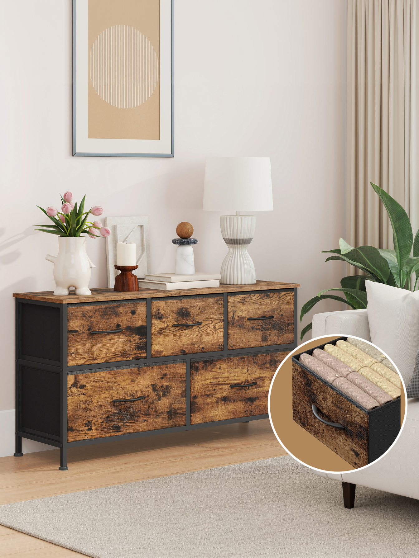 7-Drawer Storage Chest, Steel Frame Fabric Drawer Organizer for Bedroom, Closet and Living Room, Rustic Brown and Ink Black