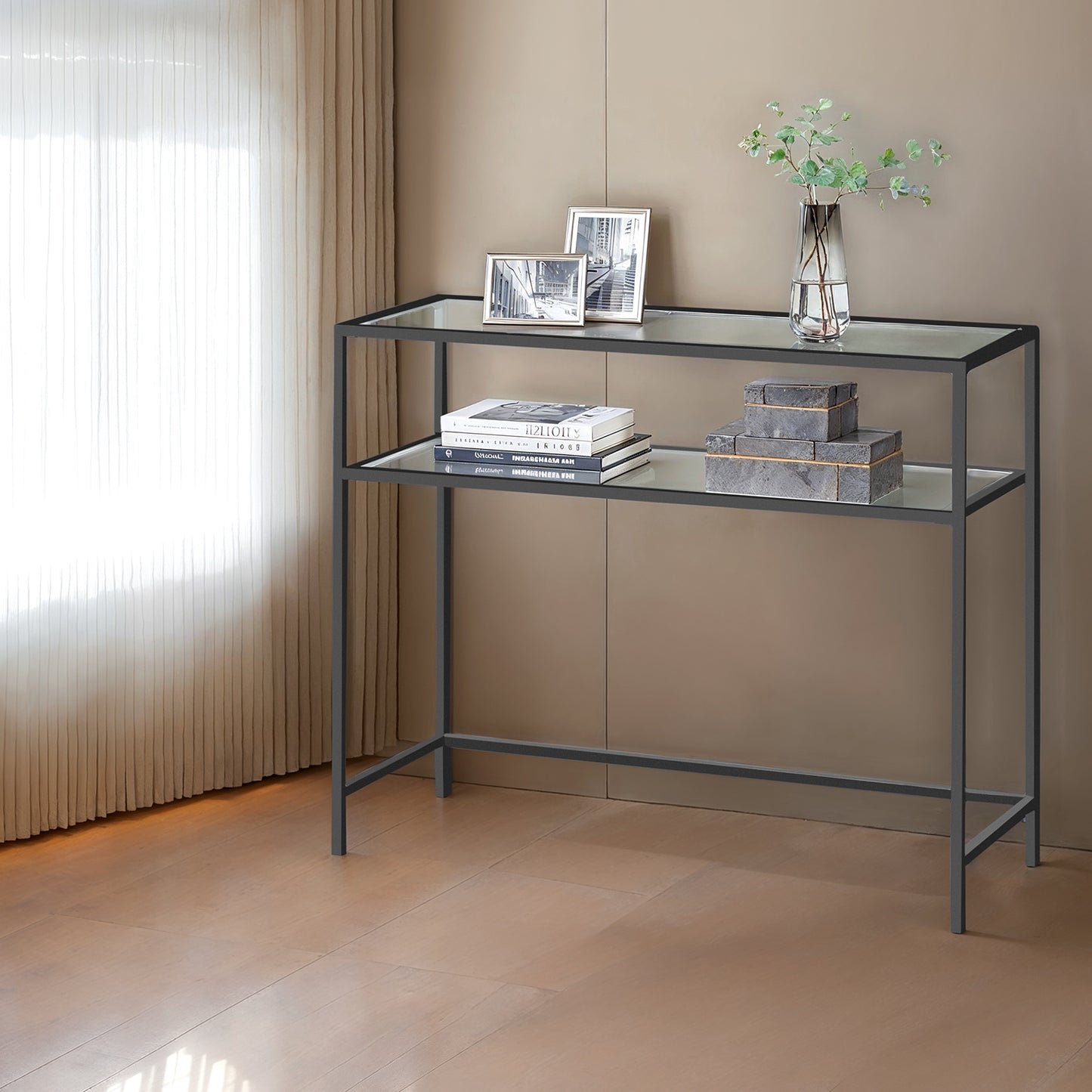 Modern Glam Console Table with 2 Tempered Glass Shelves, Steel Frame, Adjustable Feet, for Living Room, Hallway, Entryway, Black