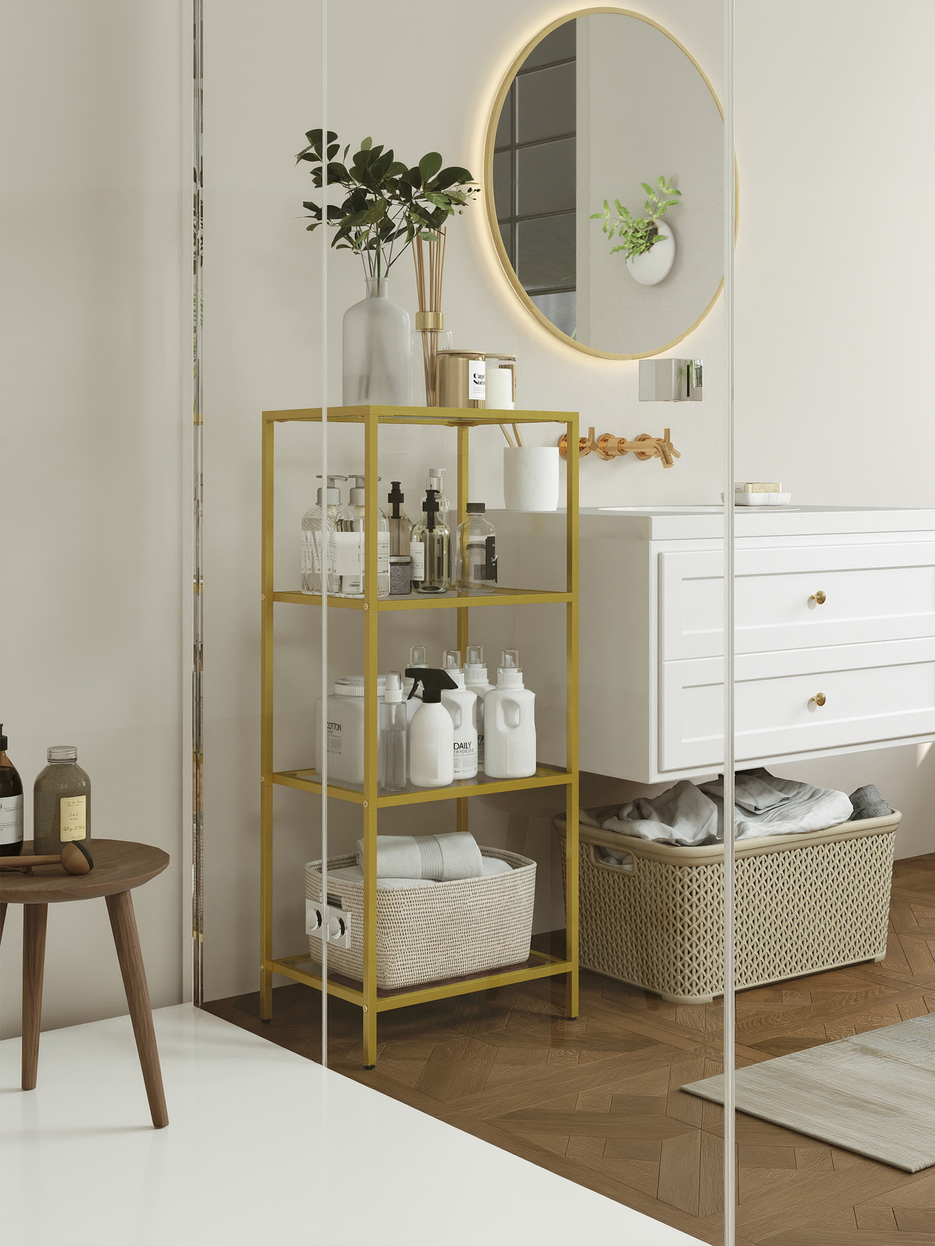 4-Tier Slim Bookcase with Tempered Glass Shelves, Steel Frame Shelving Unit for Bedroom and Office, Metallic Gold