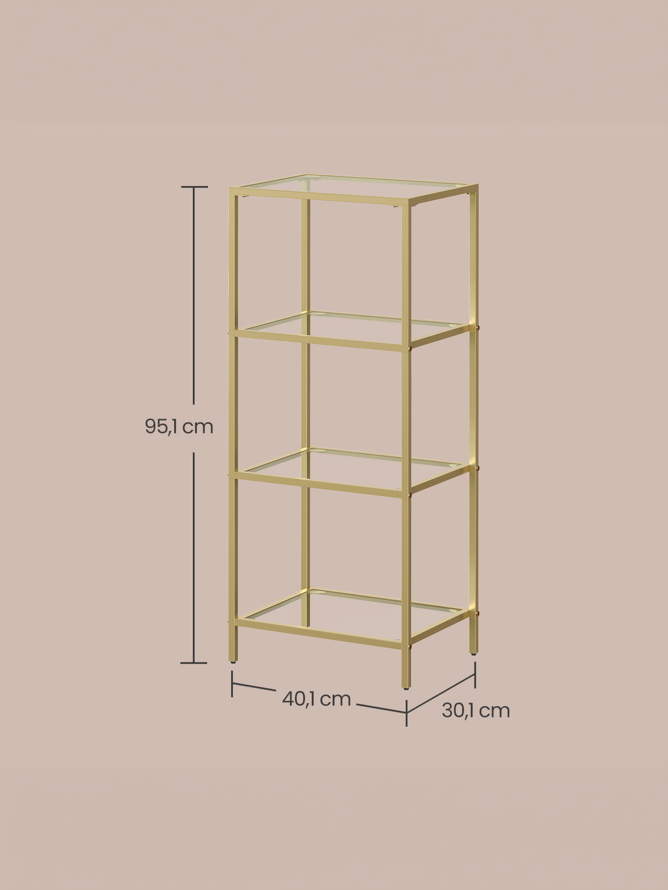 4-Tier Slim Bookcase with Tempered Glass Shelves, Steel Frame Shelving Unit for Bedroom and Office, Metallic Gold