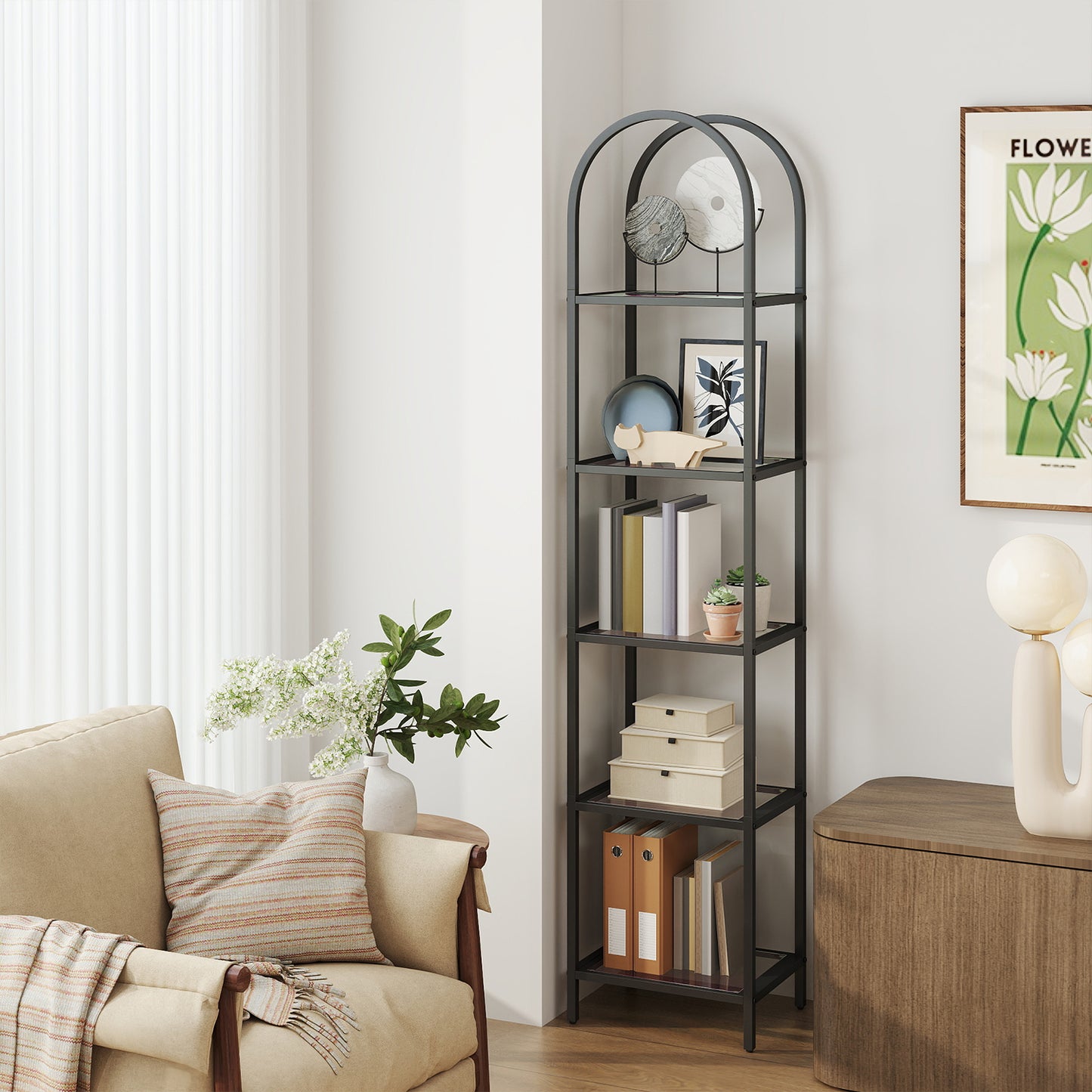5-Tier Tempered Glass Shelf Unit, Arched Steel Frame Bookcase with Adjustable Feet, Display Storage for Living Room Bedroom Study Bathroom, Ink Black and Slate Gray