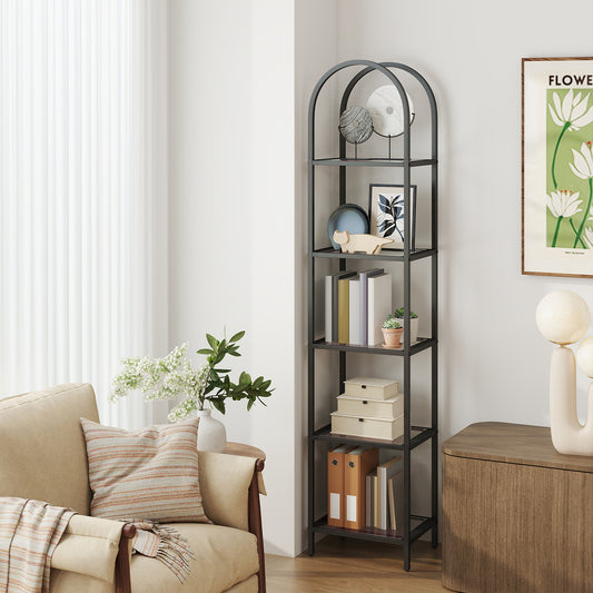 5-Tier Tempered Glass Shelf Unit, Arched Steel Frame Bookcase with Adjustable Feet, Display Storage for Living Room Bedroom Study Bathroom, Ink Black and Slate Gray