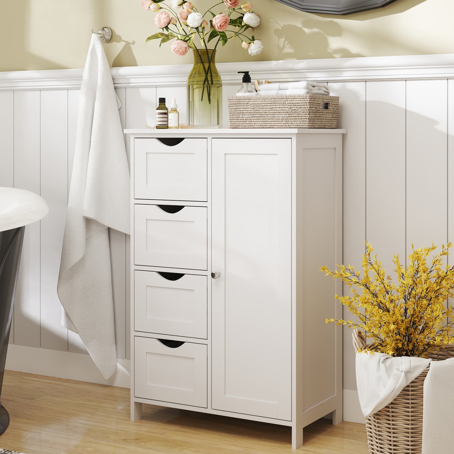 Storage Cabinet with 4 Drawers, 21.7 Inch Freestanding Floor Organizer with Door & Adjustable Shelf, for Bathroom Living Room, Cloud White